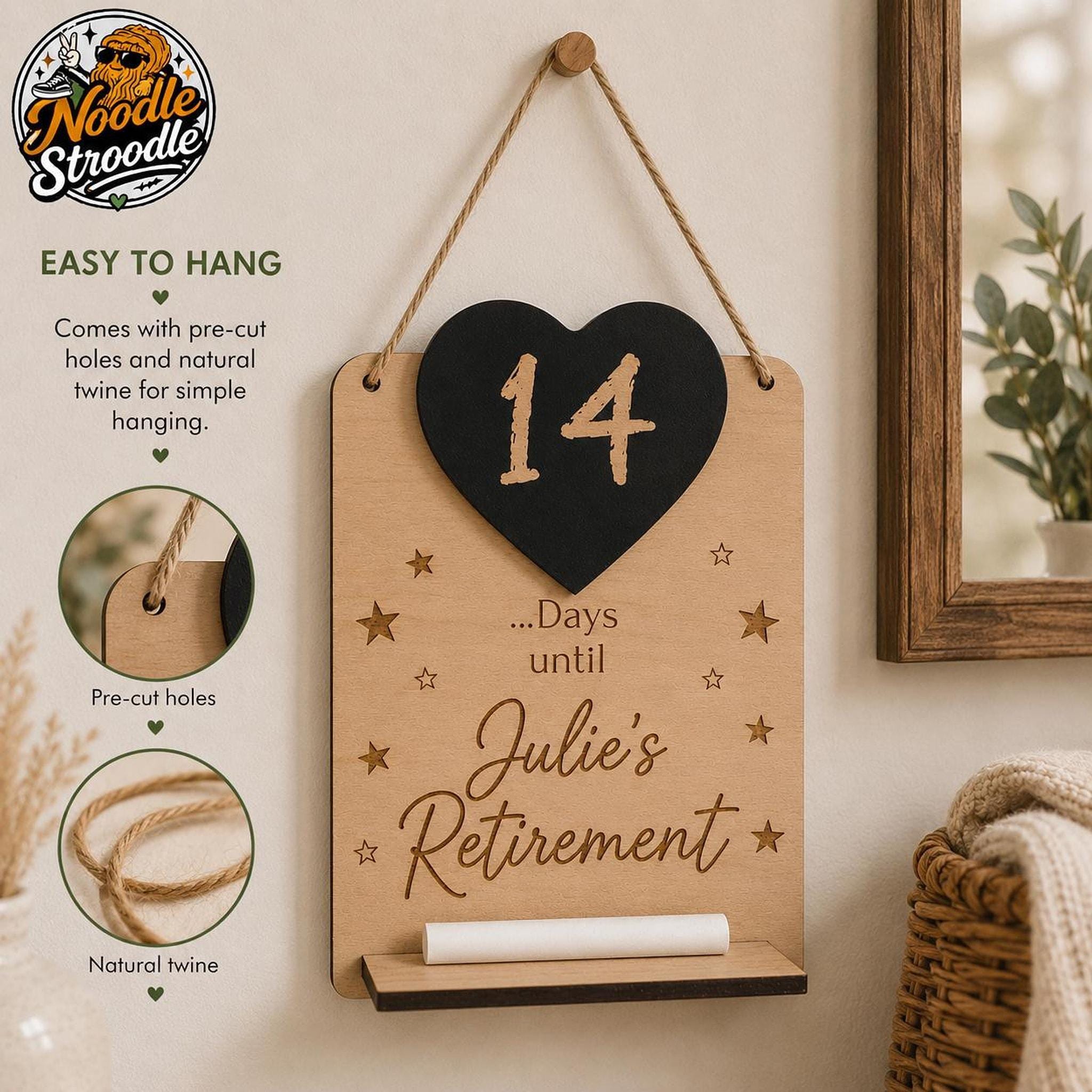 Retirement Sign, Personalised Wooden Name Plaque with Black Heart Countdown - Image 7