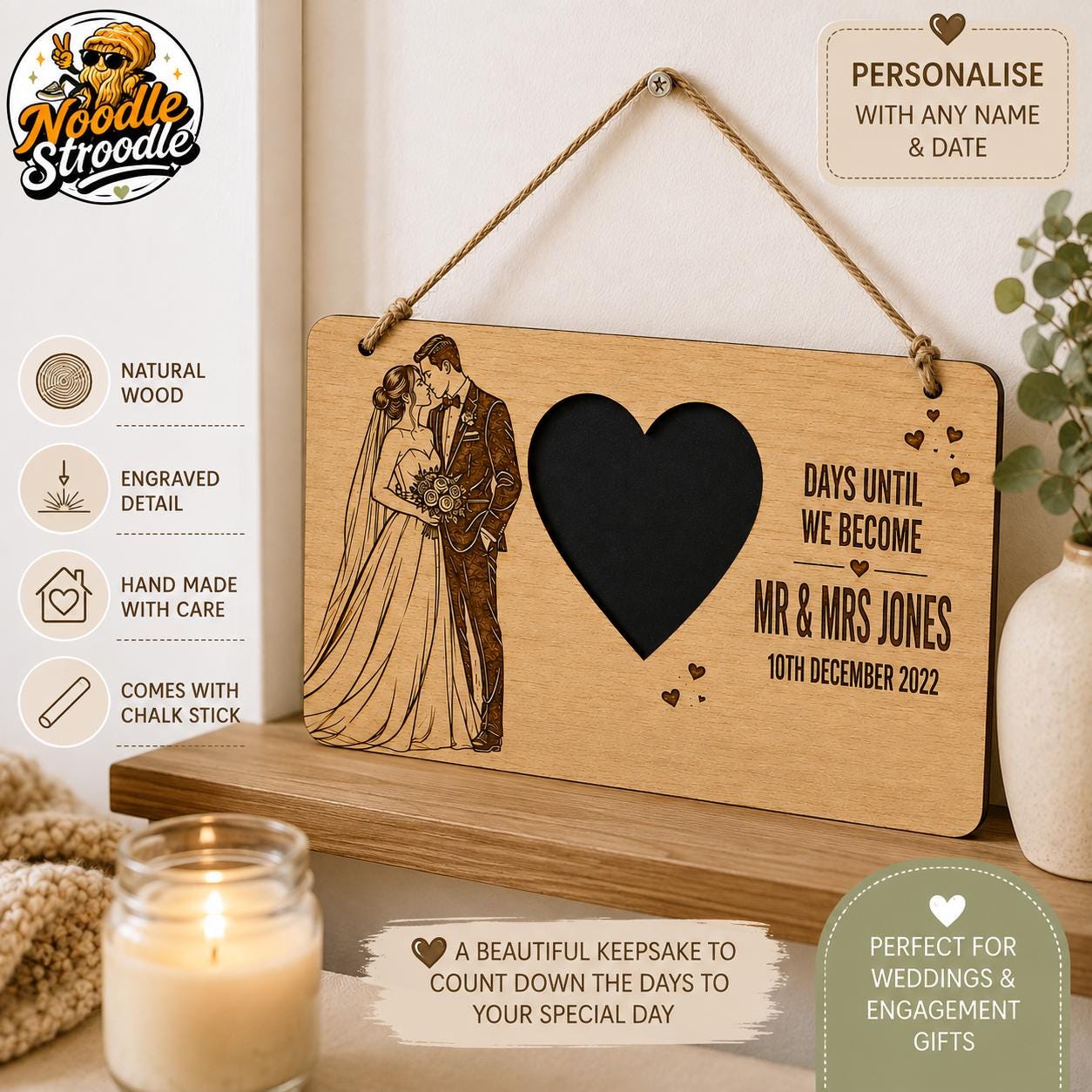 Personalised Wedding Countdown Sign, Engraved Wooden Chalkboard, Bride & Groom Engagement Gift - Image 5