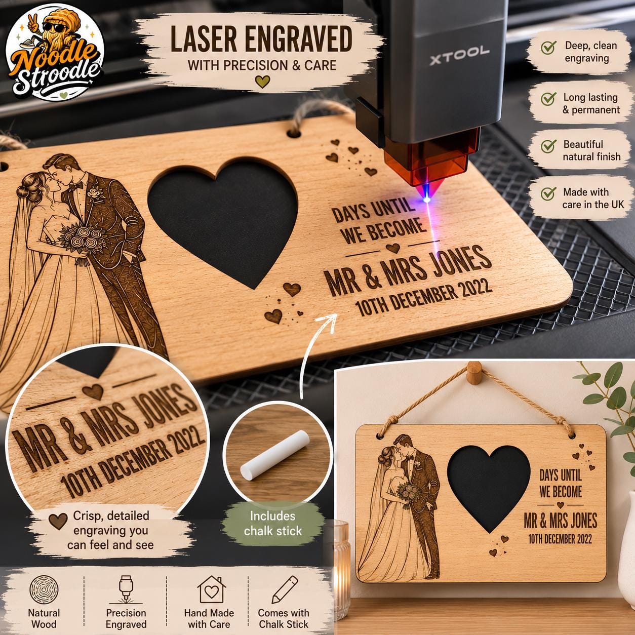 Personalised Wedding Countdown Sign, Engraved Wooden Chalkboard, Bride & Groom Engagement Gift - Image 2