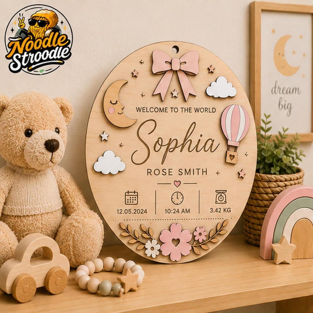 Nursery Name Plaque, Personalised Wooden Baby Keepsake with Birth Details