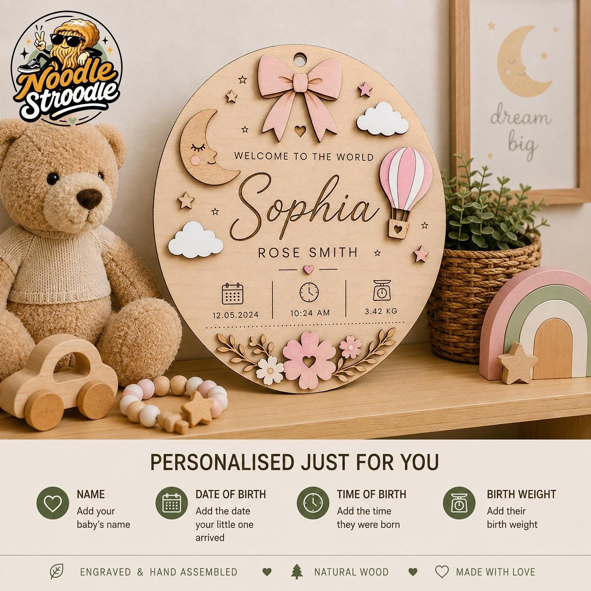Nursery Name Plaque, Personalised Wooden Baby Keepsake with Birth Details - Image 7