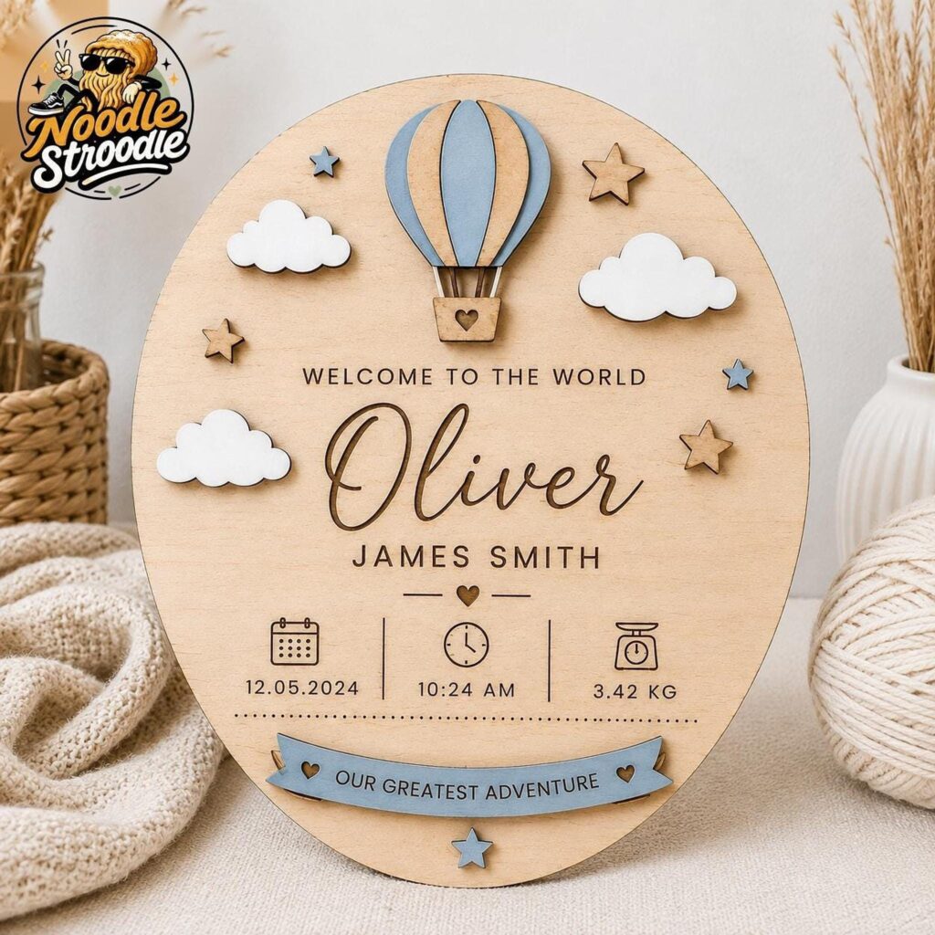 Baby Birth Plaque, Personalised Wooden Hot Air Balloon Keepsake