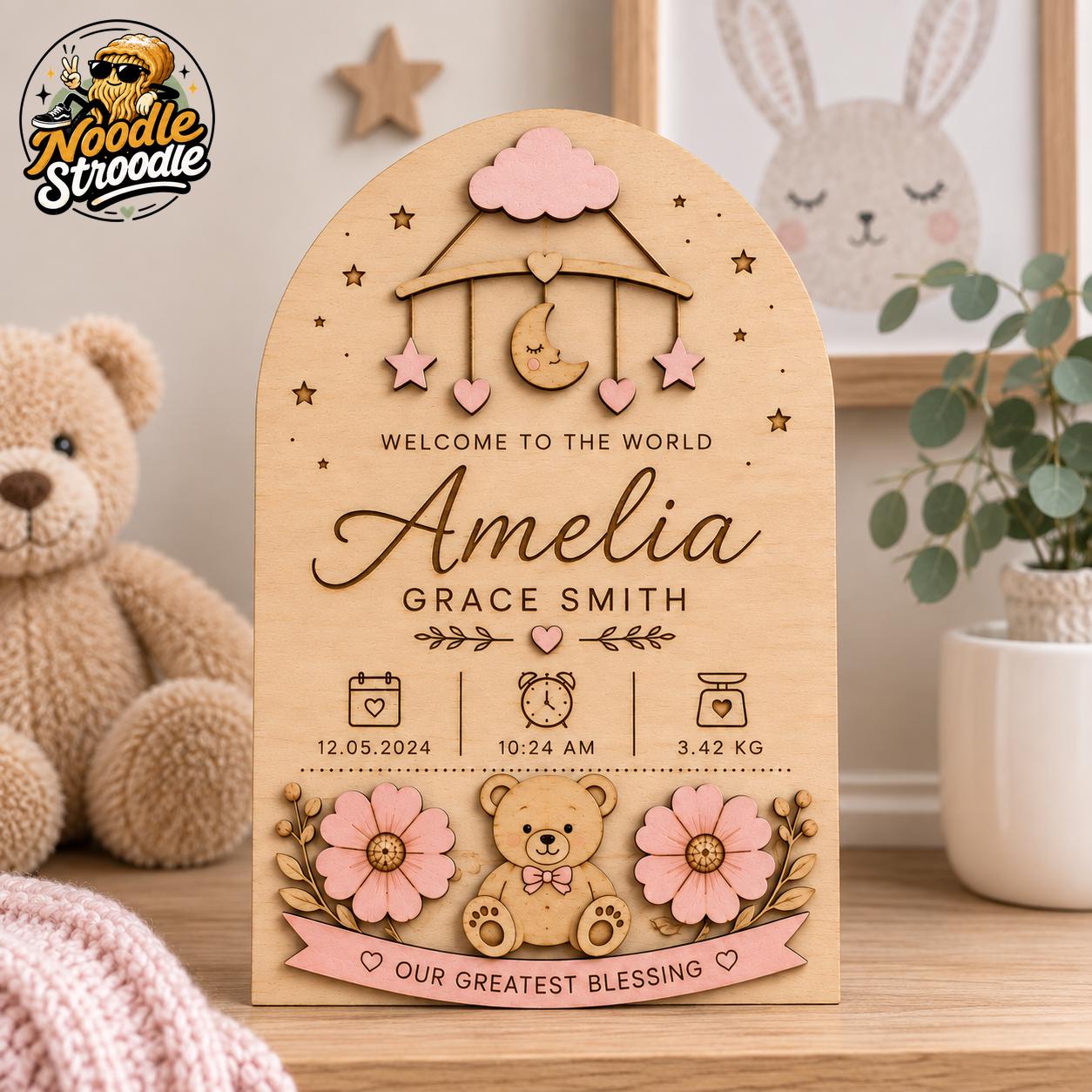 Personalised Wooden Baby Birth Plaque, Nursery Name Sign, Newborn Keepsake Gift