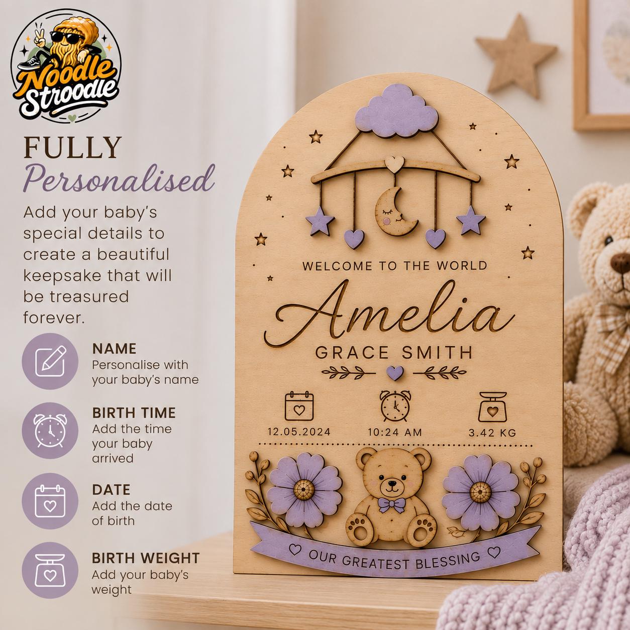 Personalised Wooden Baby Birth Plaque, Nursery Name Sign, Newborn Keepsake Gift - Image 4