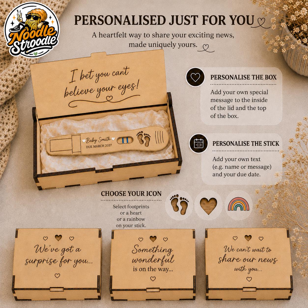 Personalised Pregnancy Announcement Gift Box, Wooden Baby Reveal Test, Custom Due Date Keepsake - Image 2
