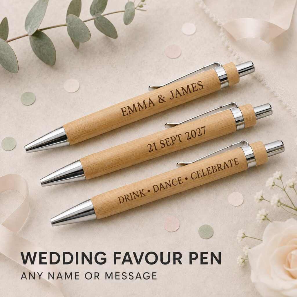 Personalised Bamboo Wedding Favour Pens, Bulk Engraved Guest Gifts, Custom Names & Date