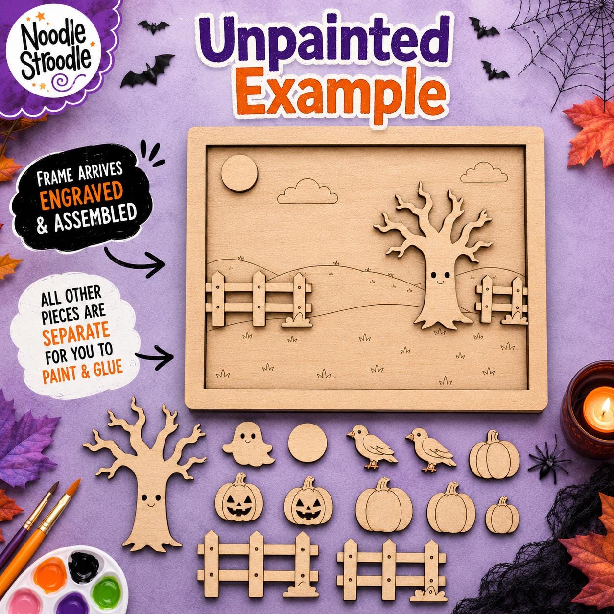 Paint Your Own Wooden Pumpkin Patch Scene, Halloween Craft Kit, Engraved DIY Autumn Decoration - Image 5