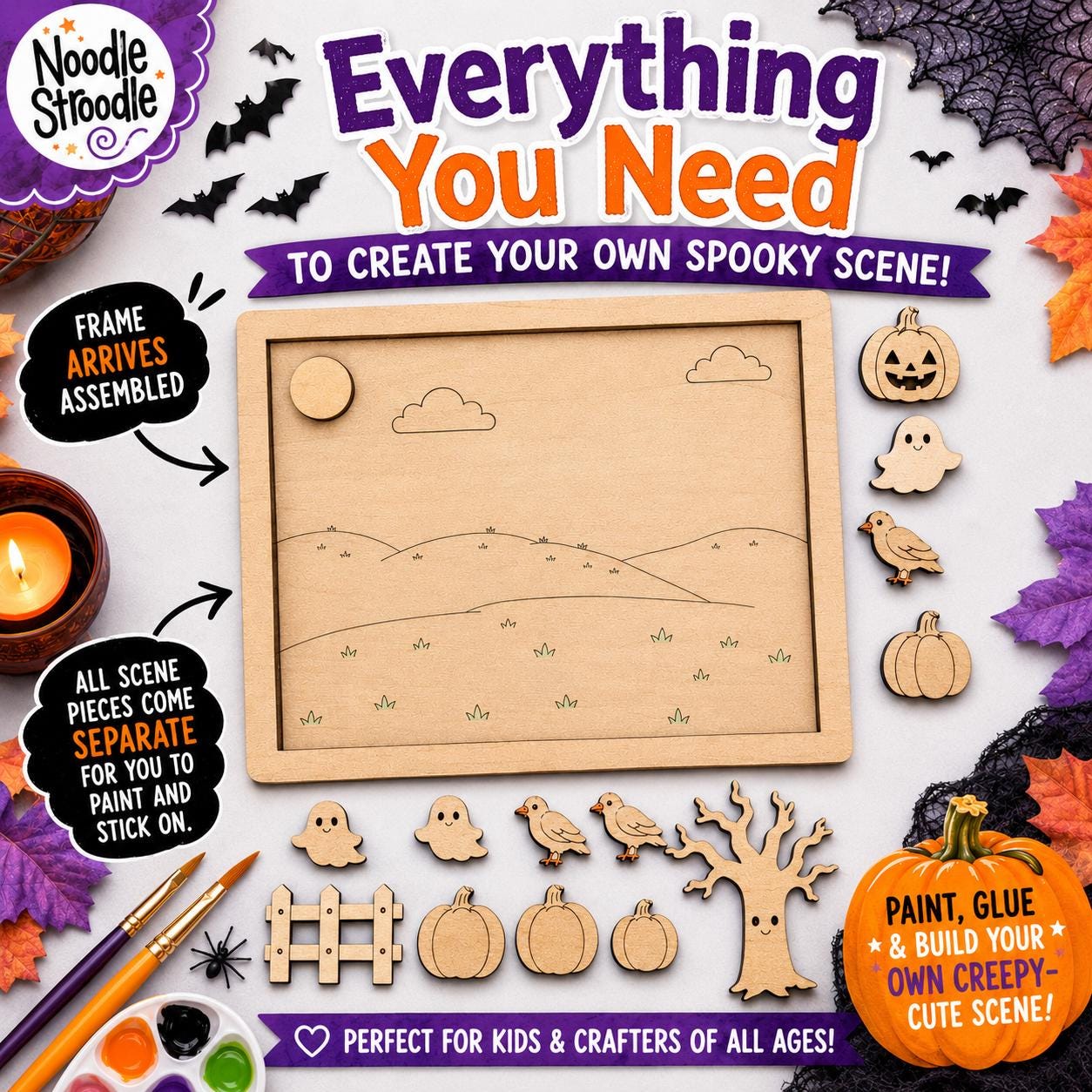 Paint Your Own Wooden Pumpkin Patch Scene, Halloween Craft Kit, Engraved DIY Autumn Decoration - Image 3