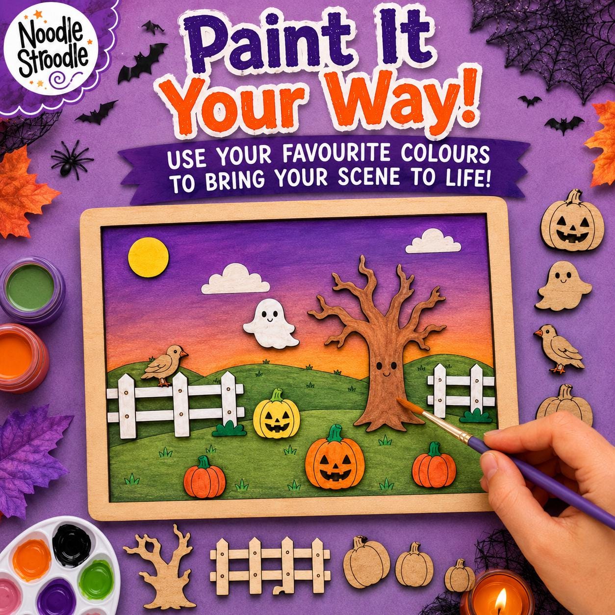 Paint Your Own Wooden Pumpkin Patch Scene, Halloween Craft Kit, Engraved DIY Autumn Decoration - Image 2