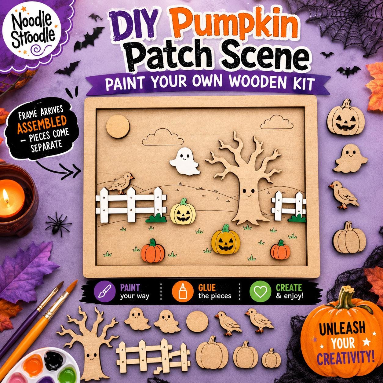 Paint Your Own Wooden Pumpkin Patch Scene, Halloween Craft Kit, Engraved DIY Autumn Decoration