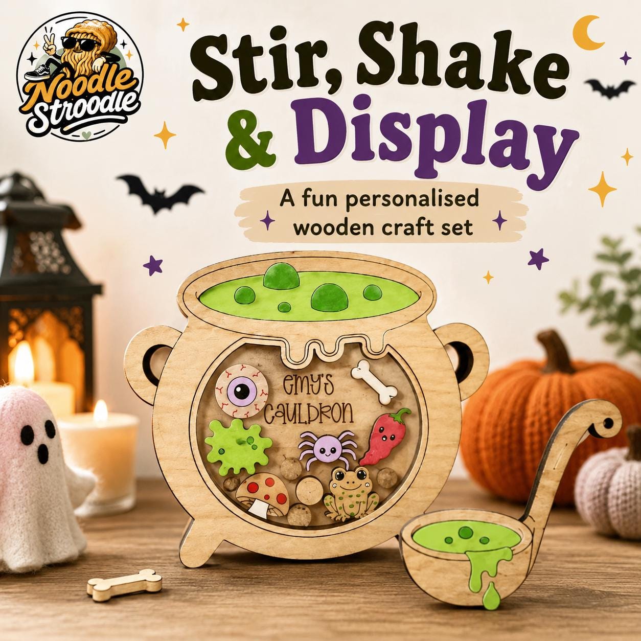 Personalised Paint Your Own Halloween Cauldron, Wooden Craft Kit, Spooky Potion Set - Image 8