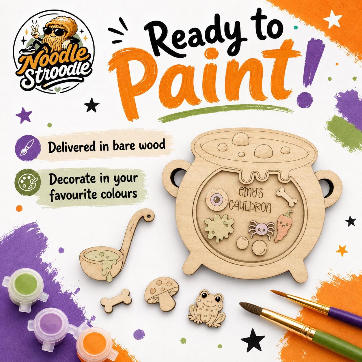 Personalised Paint Your Own Halloween Cauldron, Wooden Craft Kit, Spooky Potion Set - Image 3