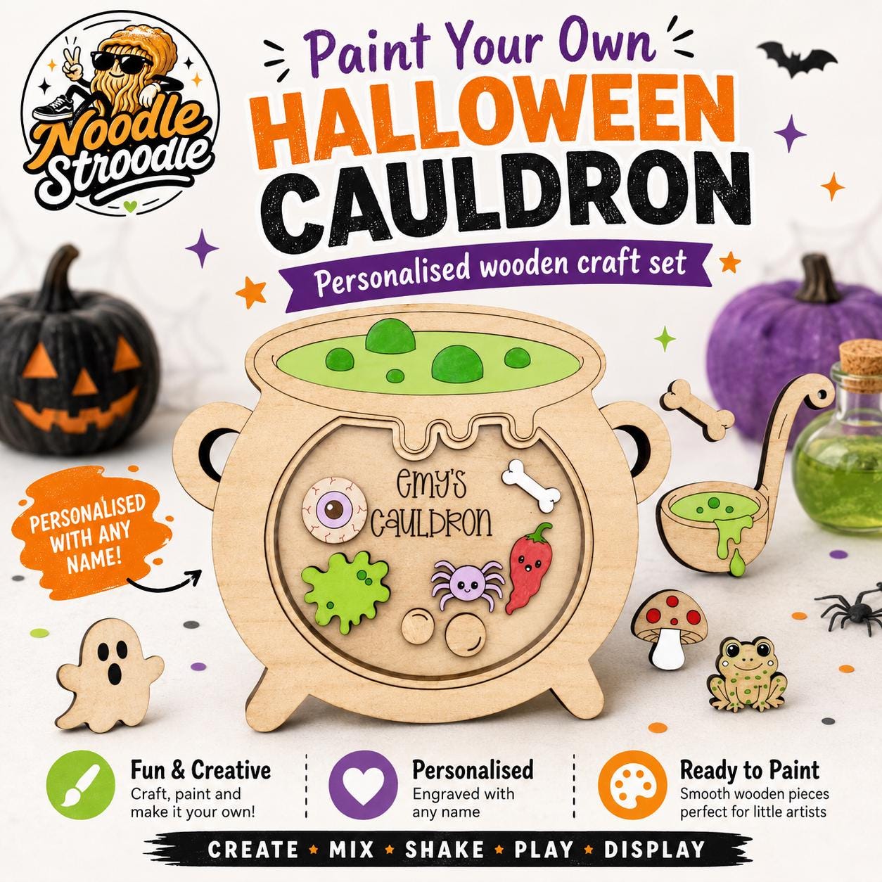 Personalised Paint Your Own Halloween Cauldron, Wooden Craft Kit, Spooky Potion Set