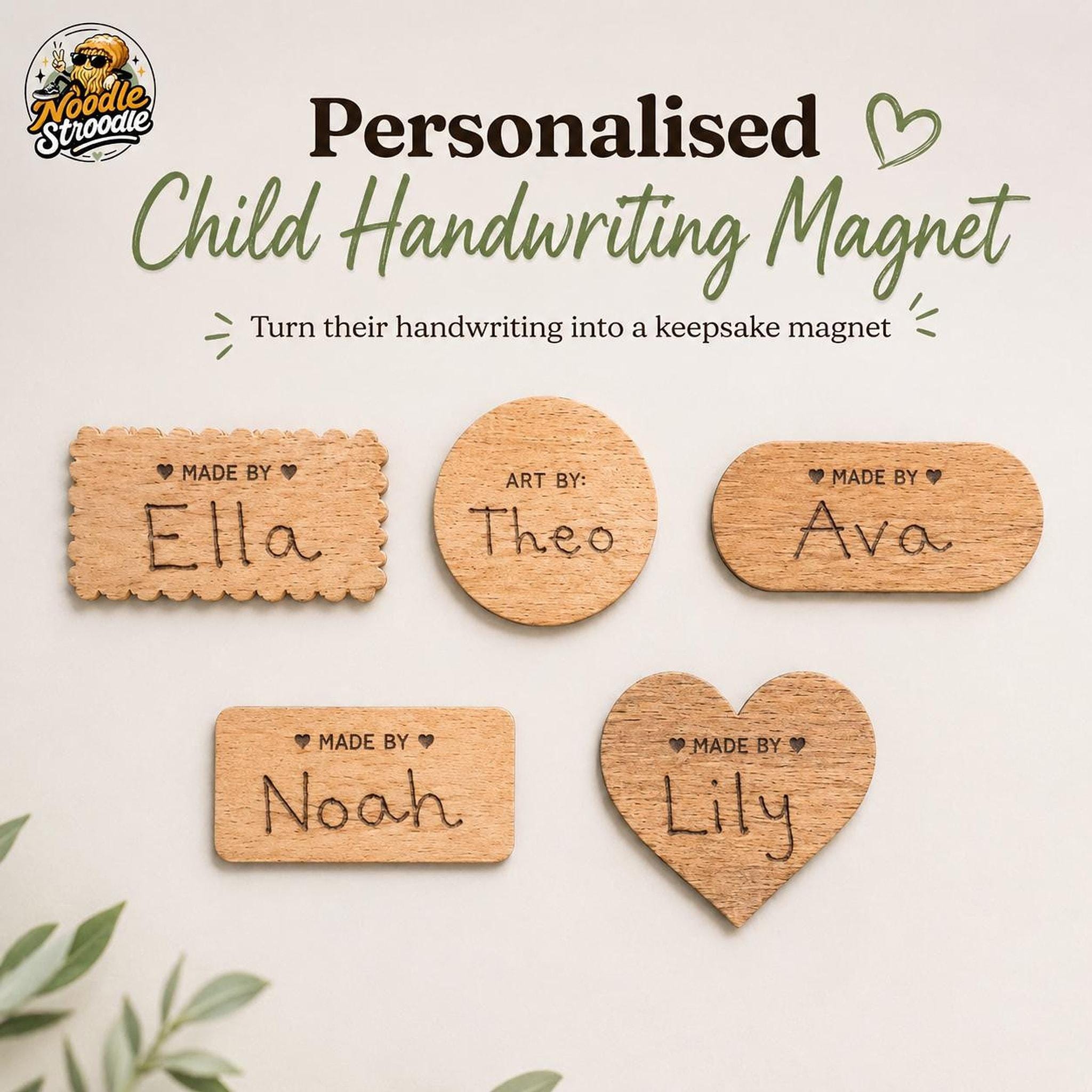Handwriting Magnet, Personalised Child Keepsake, Laser Engraved Natural Wood