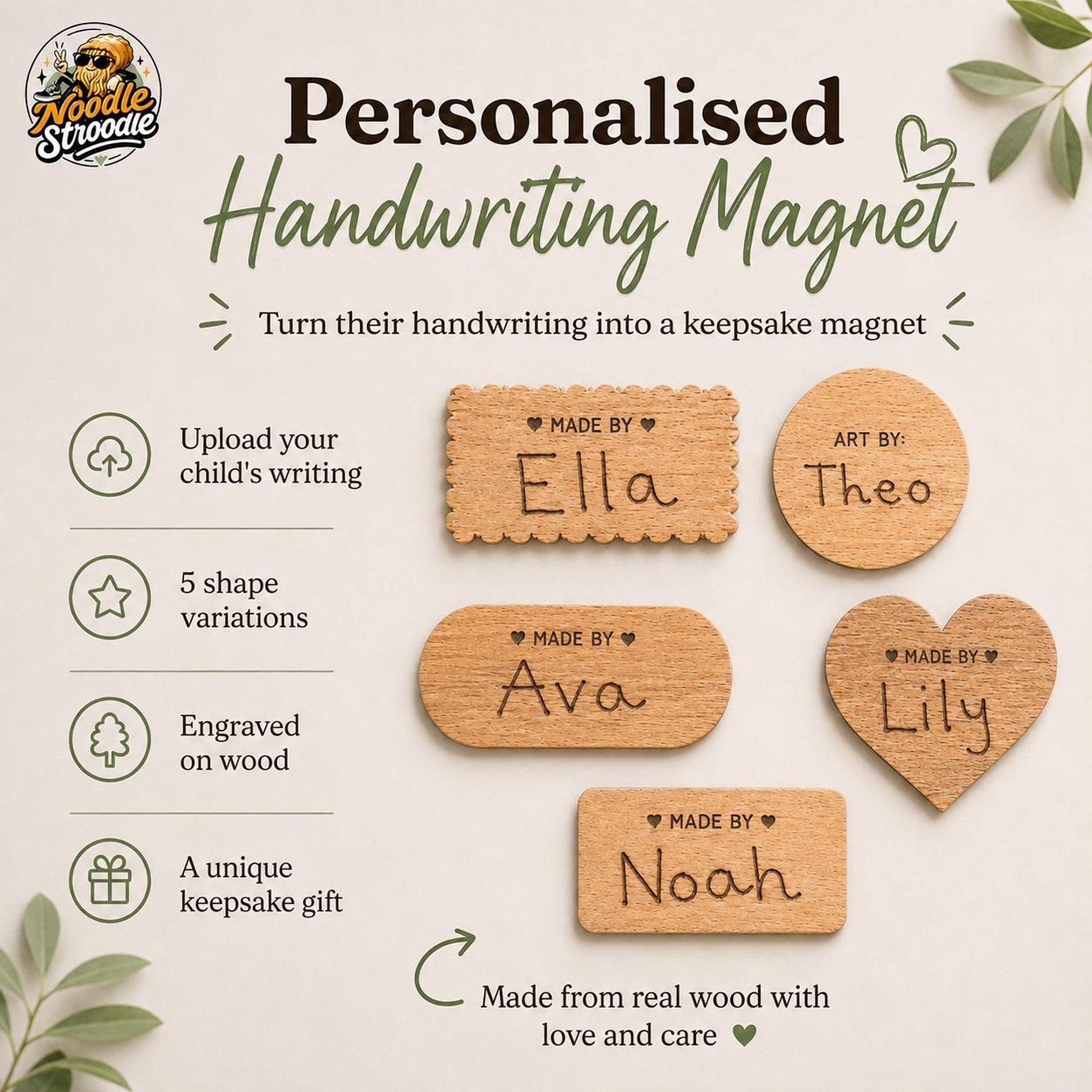 Handwriting Magnet, Personalised Child Keepsake, Laser Engraved Natural Wood - Image 6
