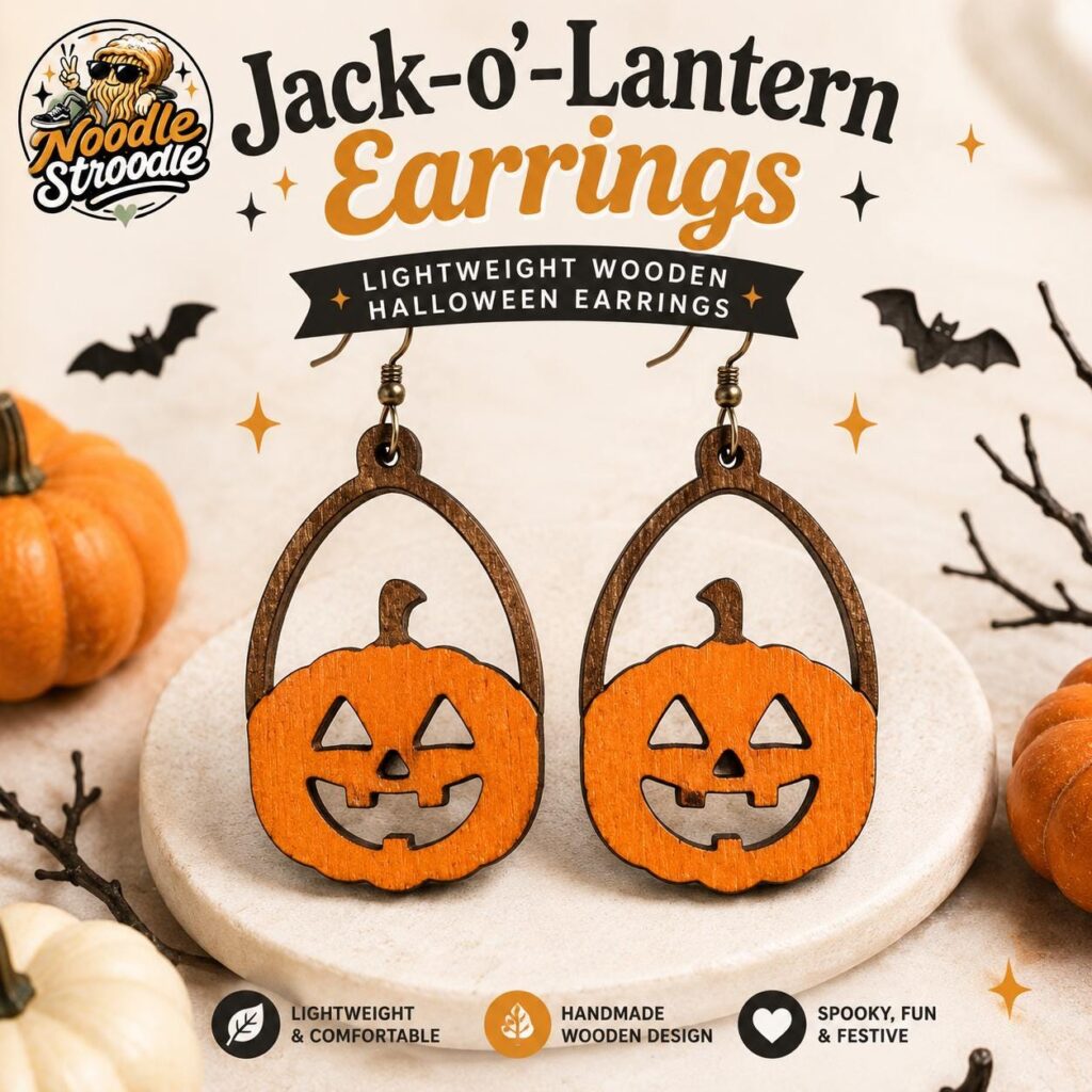Wooden Jack O Lantern Earrings, Halloween Pumpkin Dangle Earrings, Hand Painted Spooky Jewellery