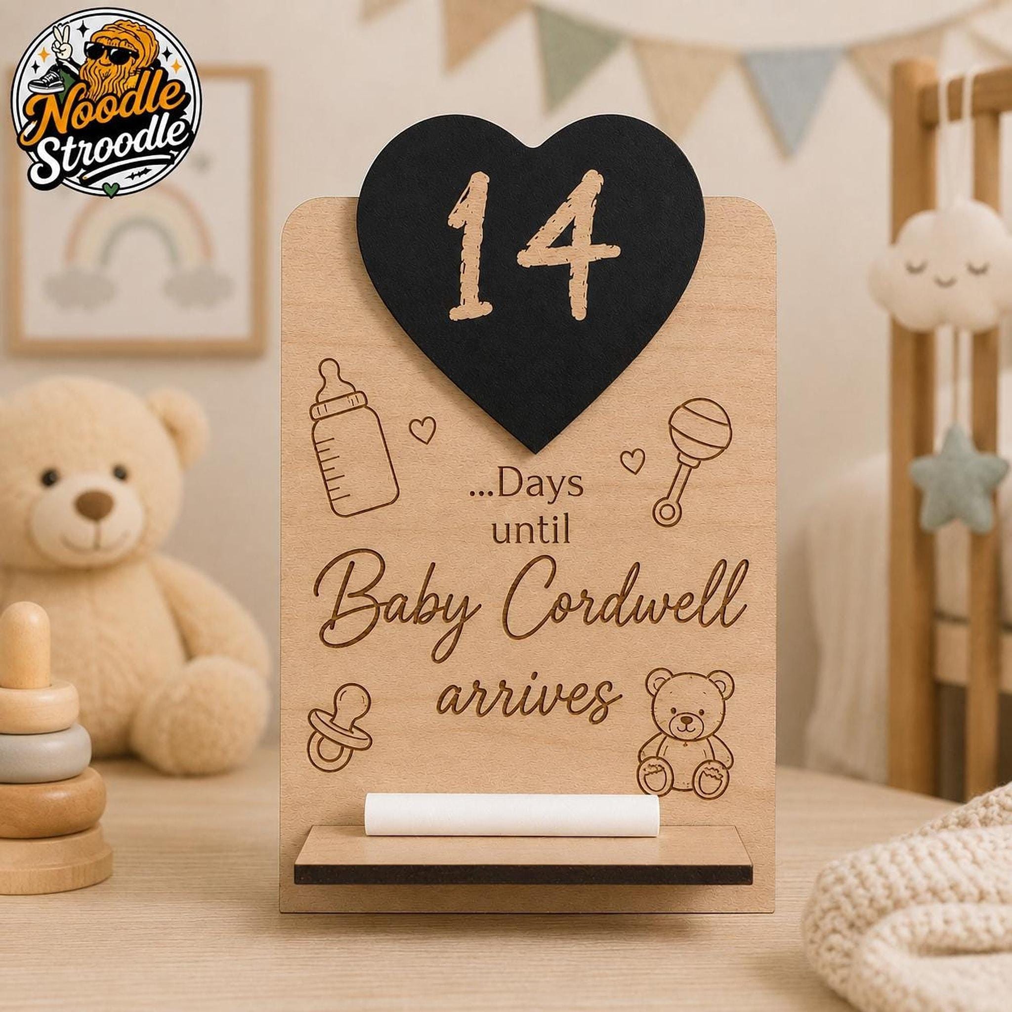 Baby Arrival Gift, Personalised Wooden Countdown Sign with Chalkboard Heart