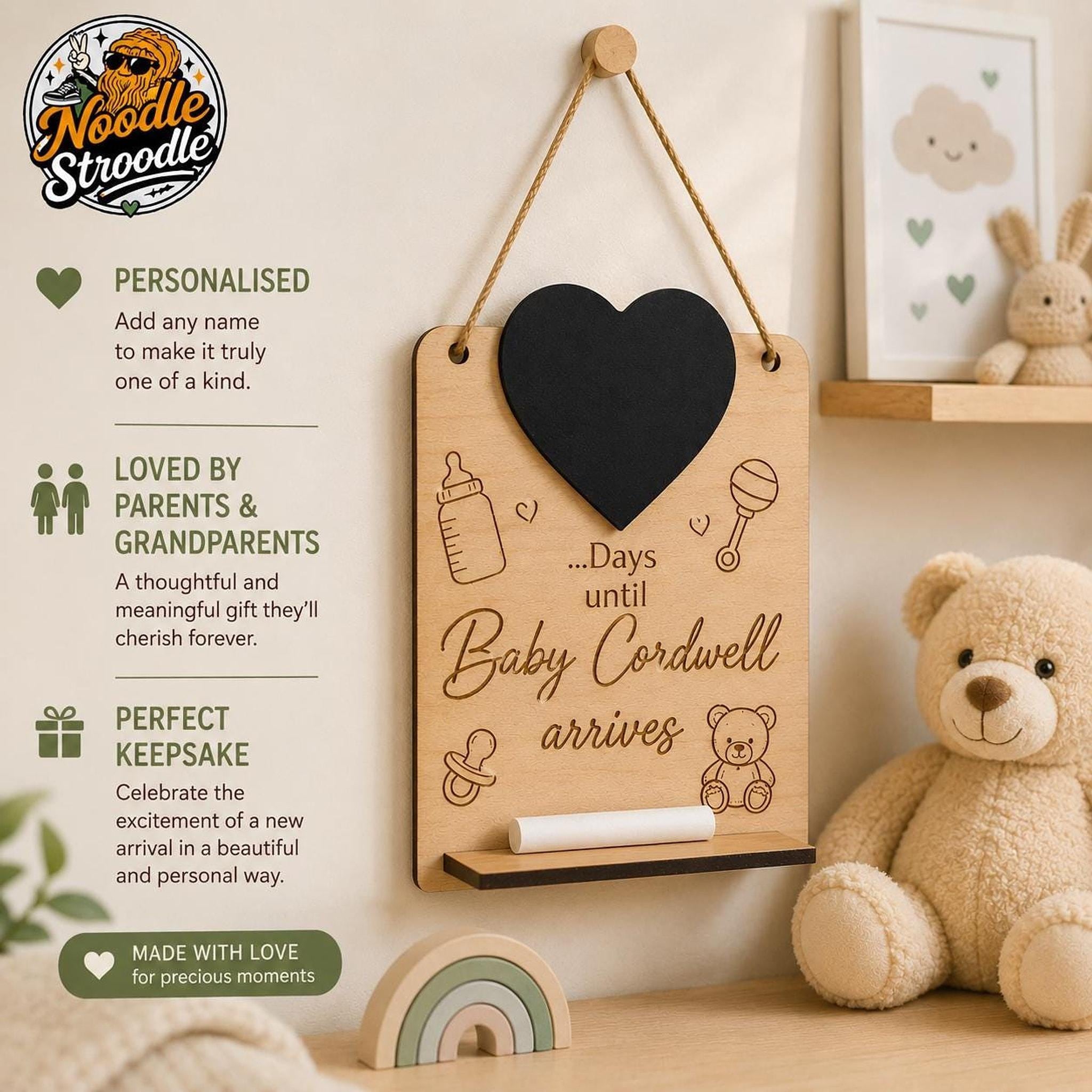 Baby Arrival Gift, Personalised Wooden Countdown Sign with Chalkboard Heart - Image 2