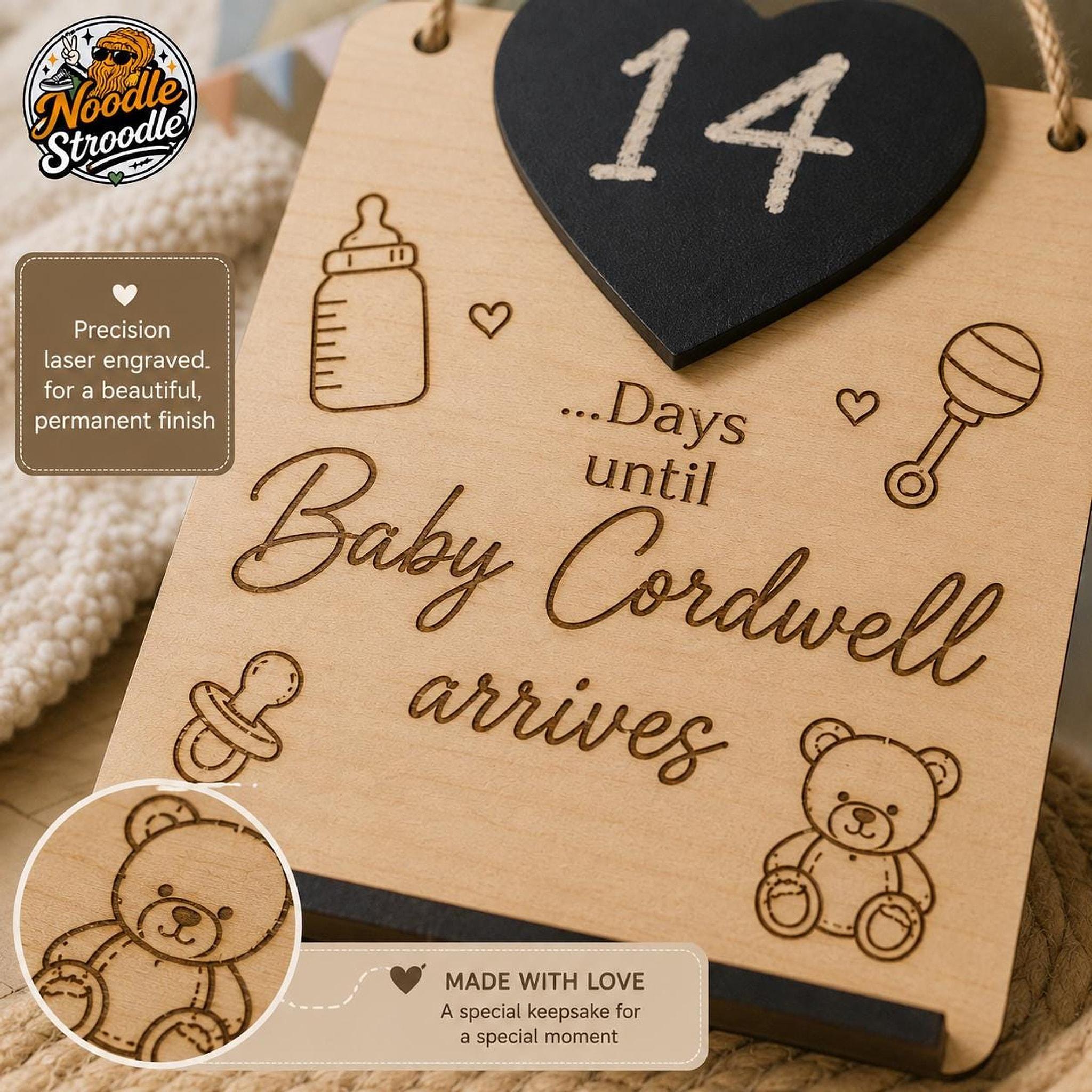 Baby Arrival Gift, Personalised Wooden Countdown Sign with Chalkboard Heart - Image 3