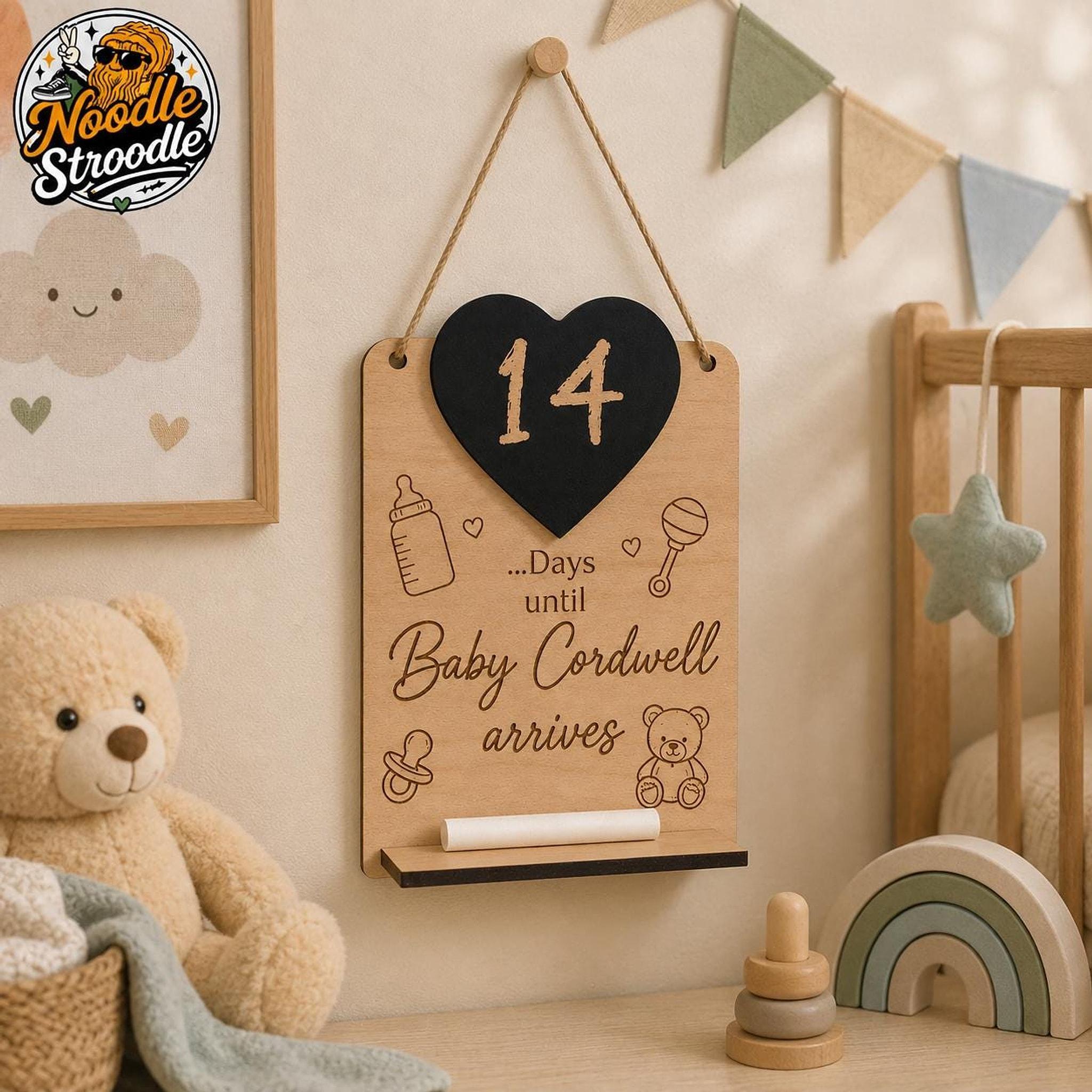 Baby Arrival Gift, Personalised Wooden Countdown Sign with Chalkboard Heart - Image 4
