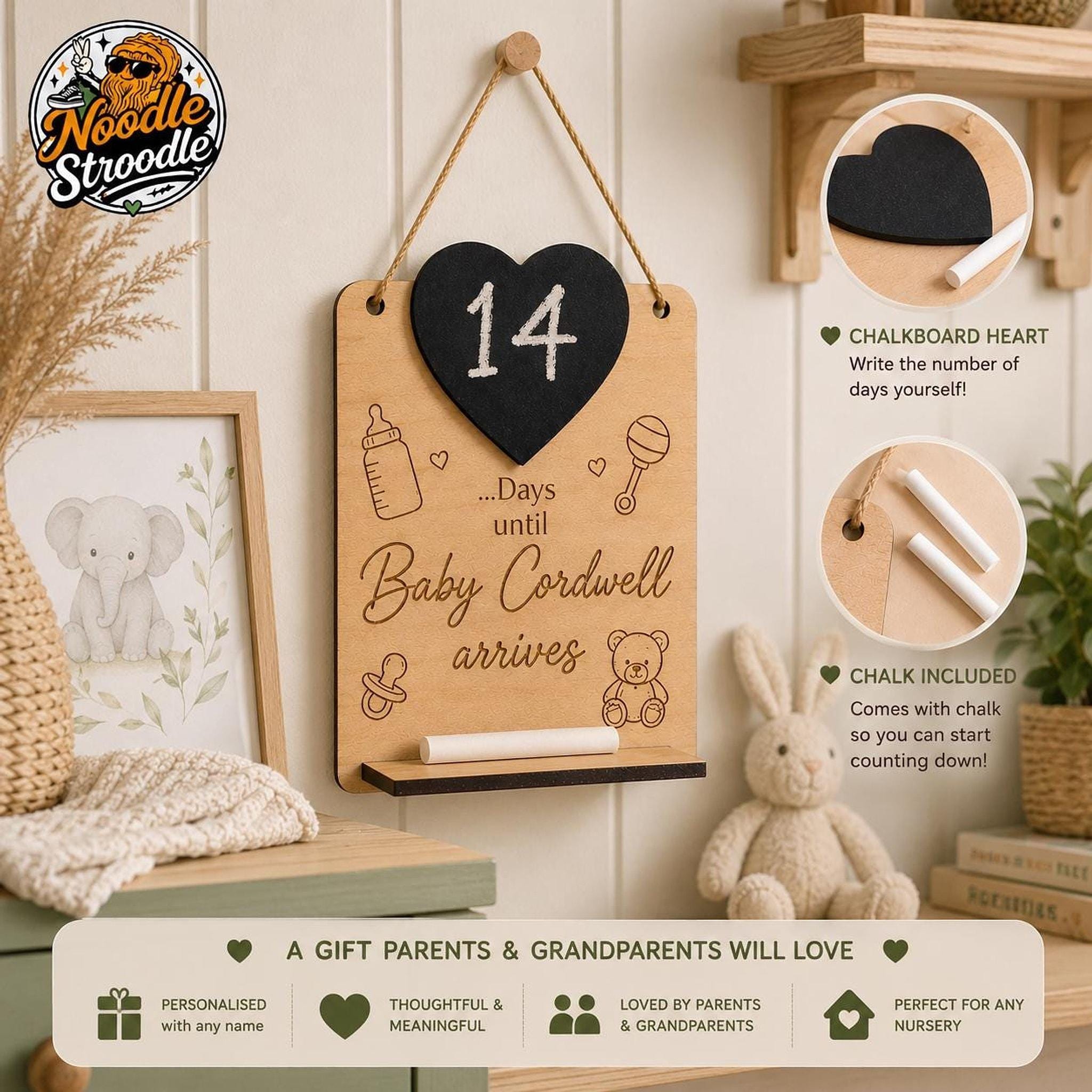 Baby Arrival Gift, Personalised Wooden Countdown Sign with Chalkboard Heart - Image 6