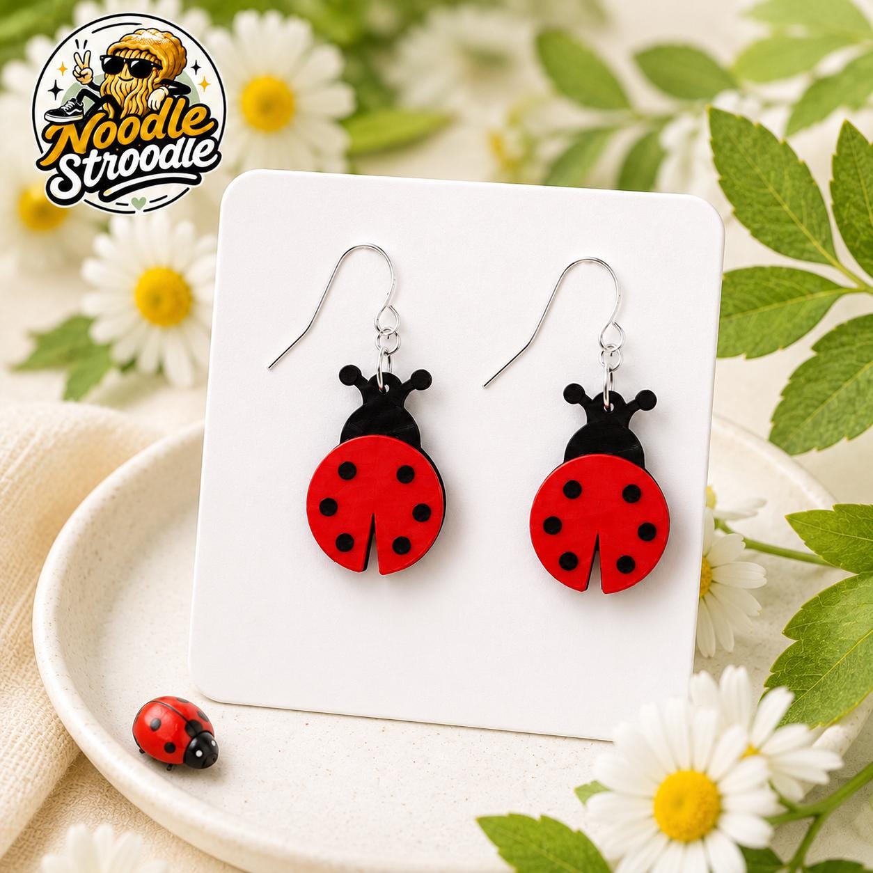 Ladybird Earrings, 3D Printed Ladybug Dangle Earrings, Garden Lover Gift, Red Bug Jewellery - Image 2