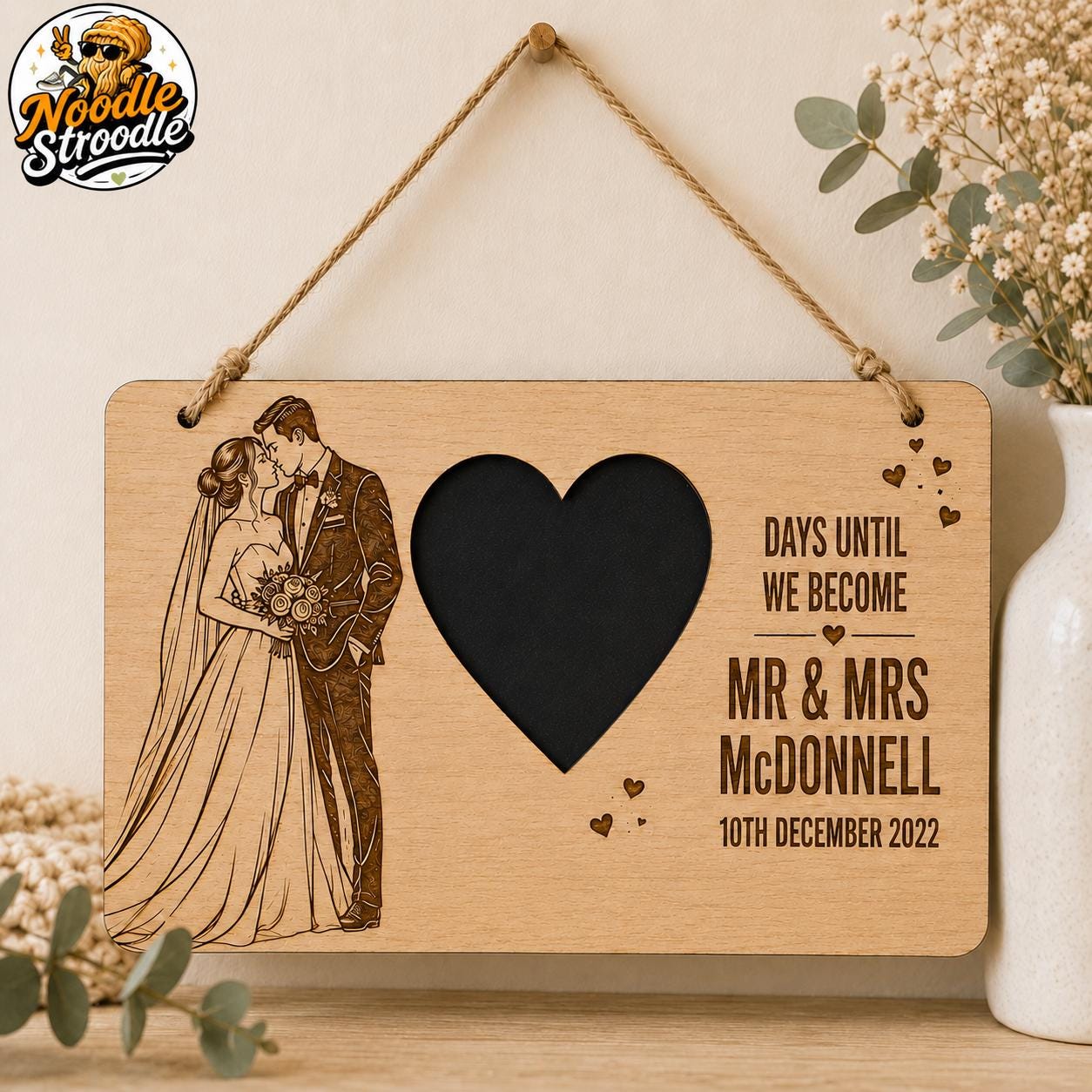 Personalised Wedding Countdown Sign, Engraved Wooden Chalkboard, Bride & Groom Engagement Gift - Image 3