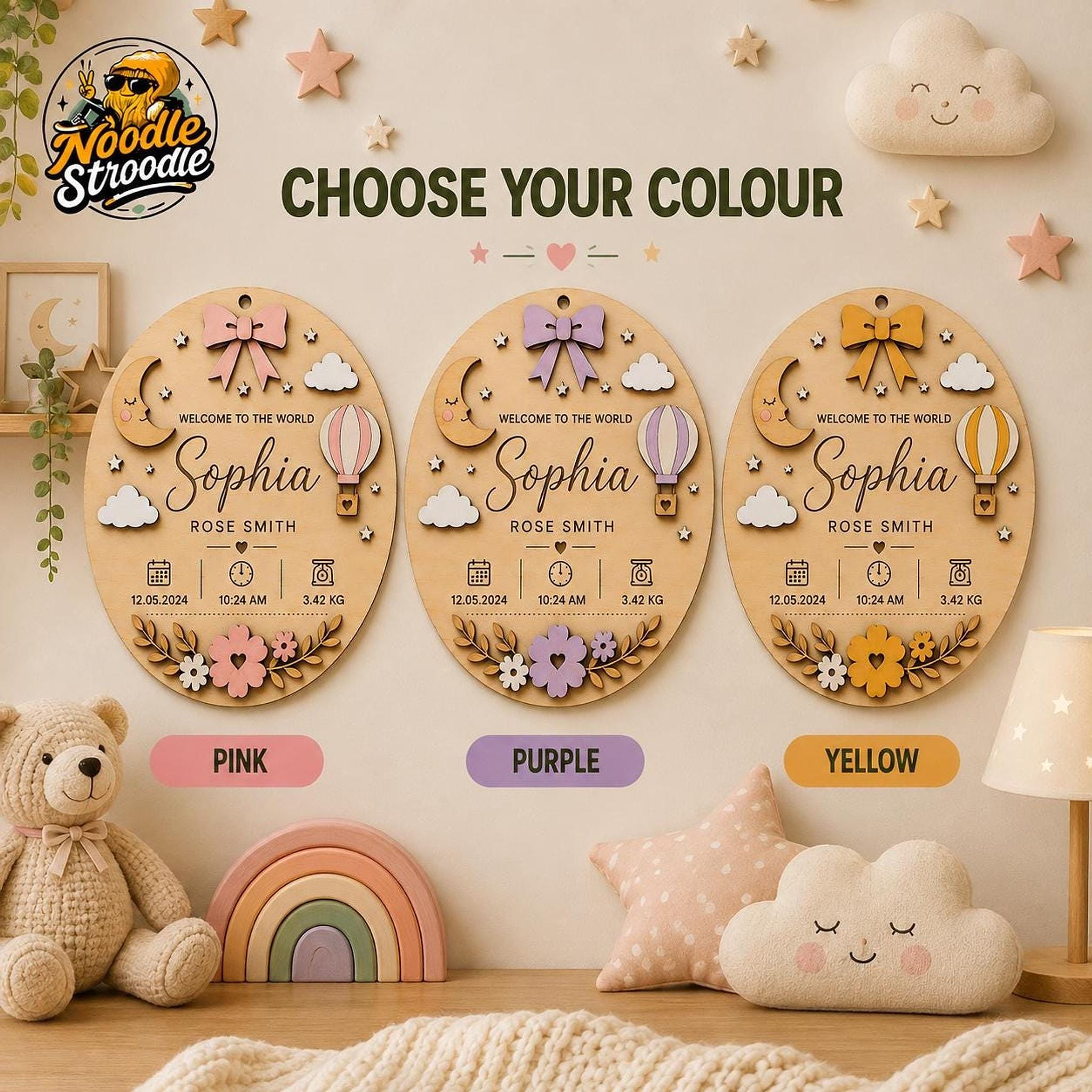 Nursery Name Plaque, Personalised Wooden Baby Keepsake with Birth Details - Image 2
