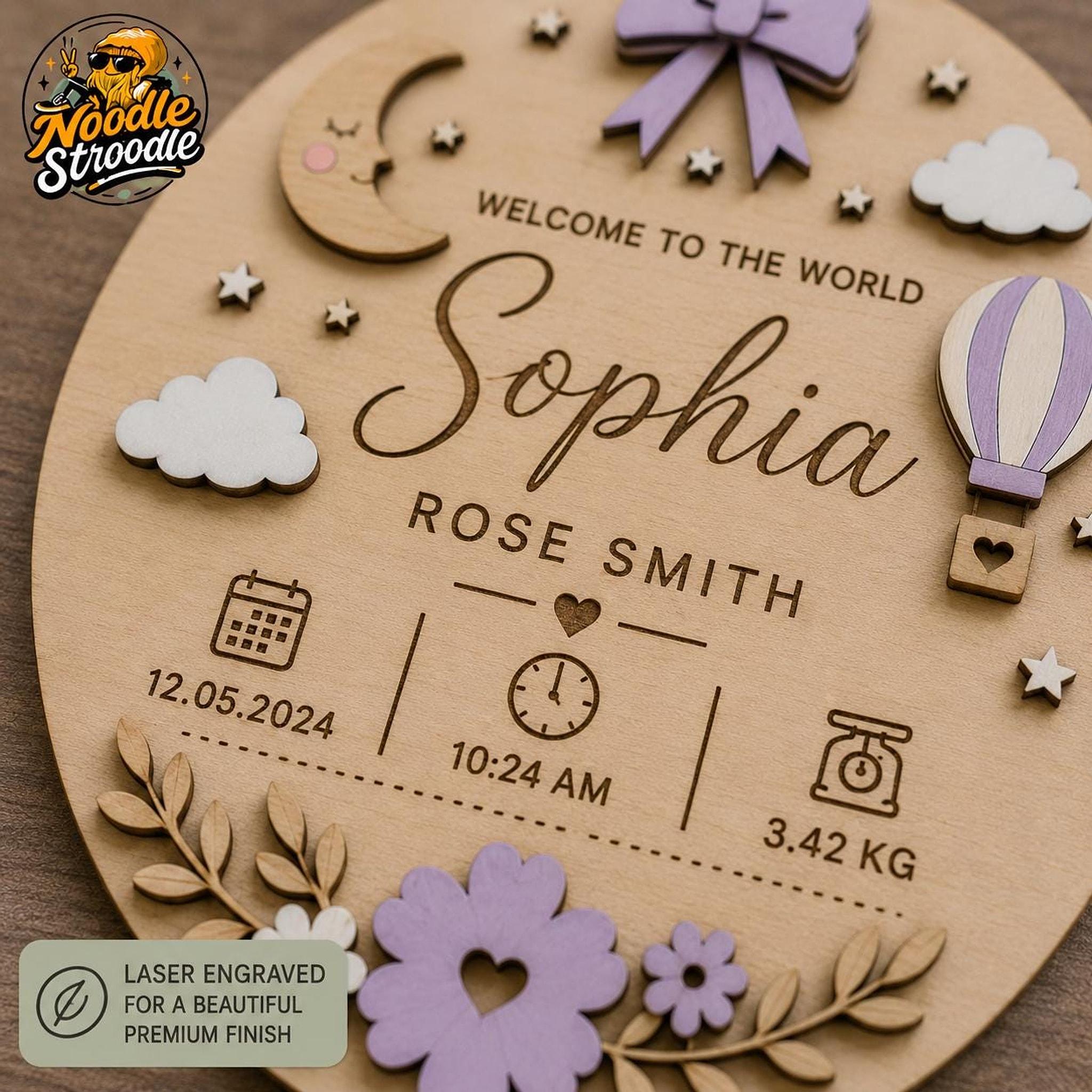 Nursery Name Plaque, Personalised Wooden Baby Keepsake with Birth Details - Image 3