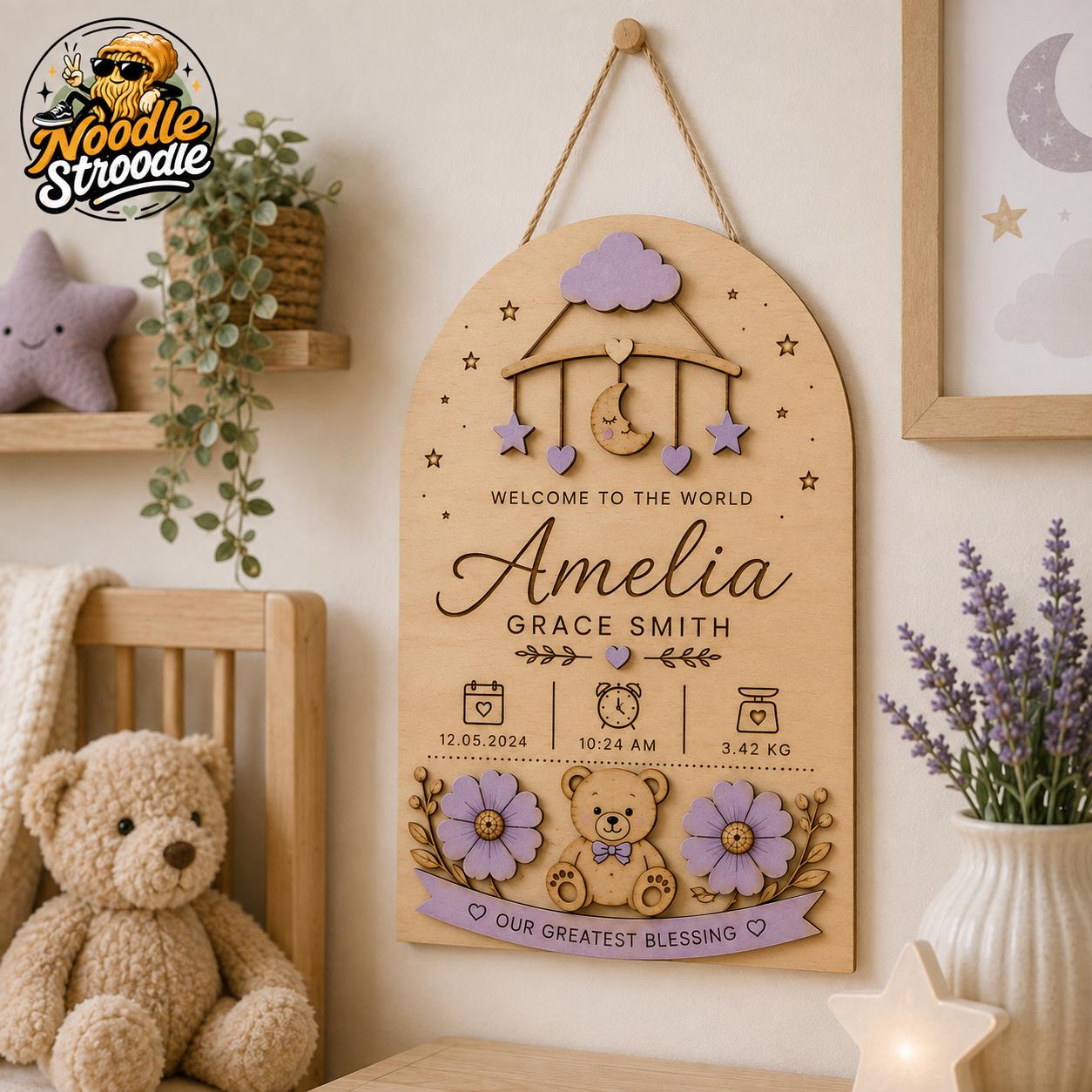 Personalised Wooden Baby Birth Plaque, Nursery Name Sign, Newborn Keepsake Gift - Image 5