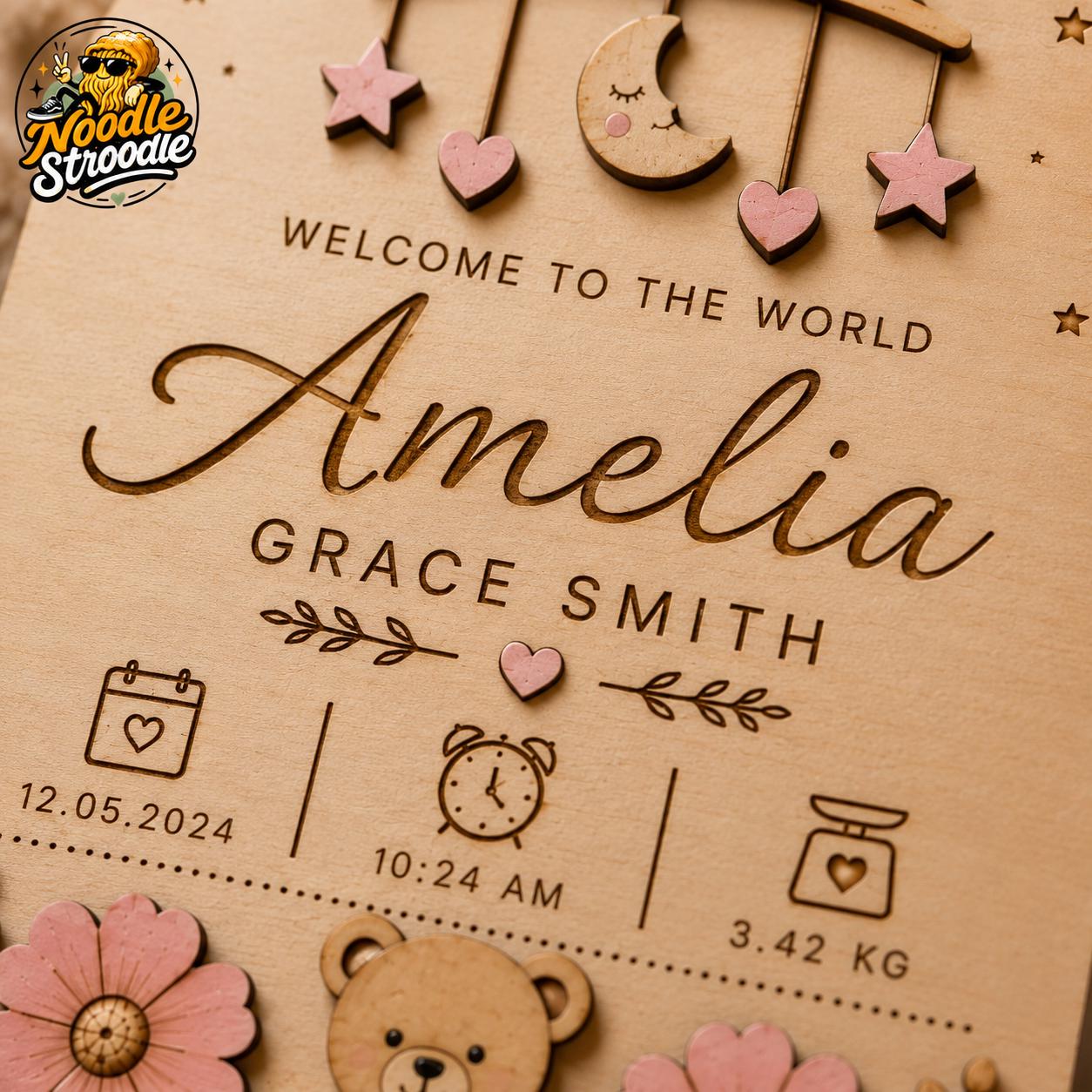 Personalised Wooden Baby Birth Plaque, Nursery Name Sign, Newborn Keepsake Gift - Image 2