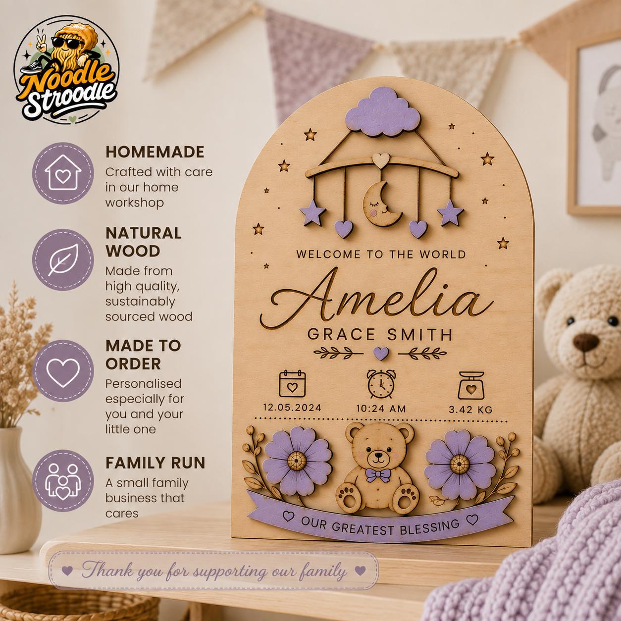 Personalised Wooden Baby Birth Plaque, Nursery Name Sign, Newborn Keepsake Gift - Image 6