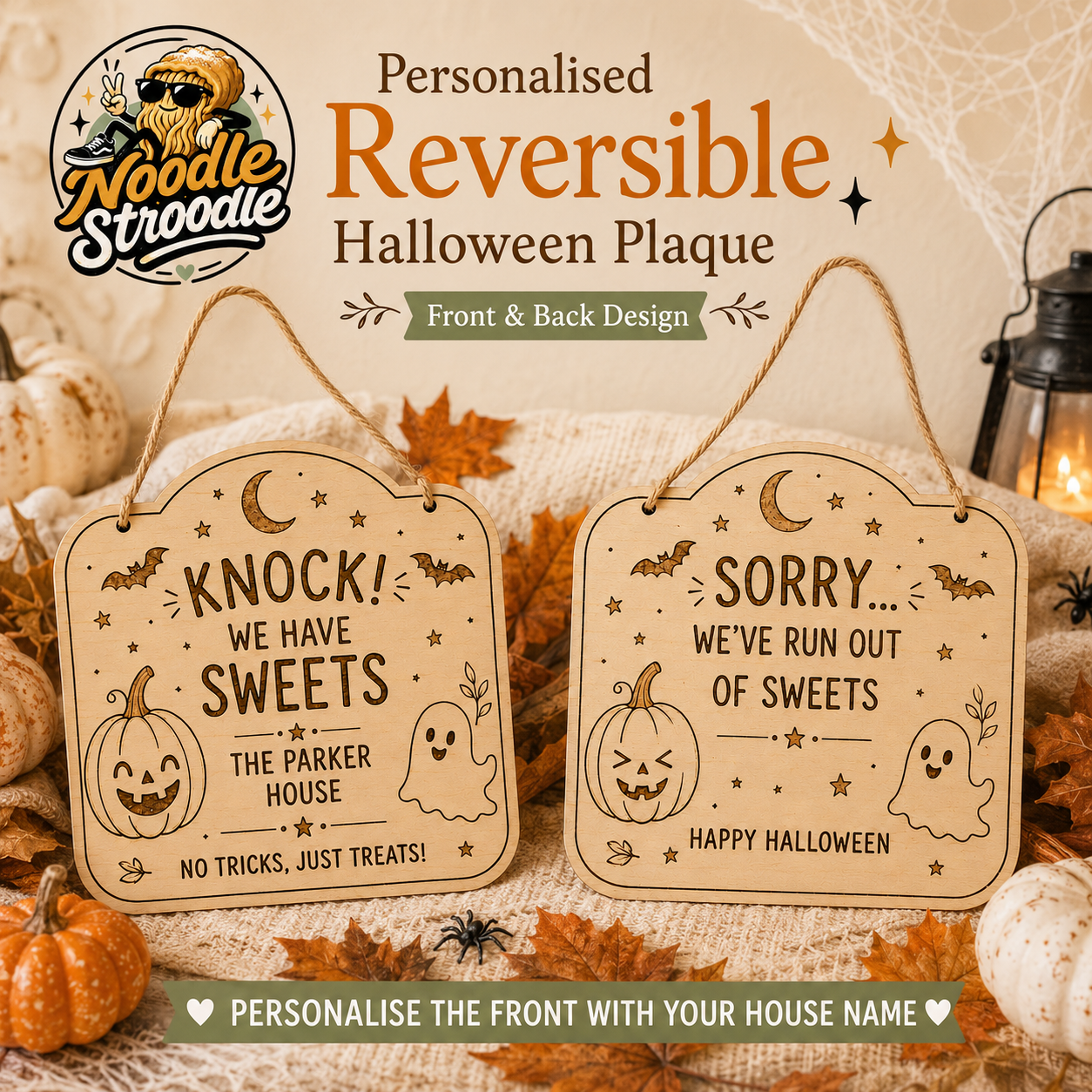 Personalised Reversible Halloween Trick or Treat Sweets Wooden Plaque - Image 3