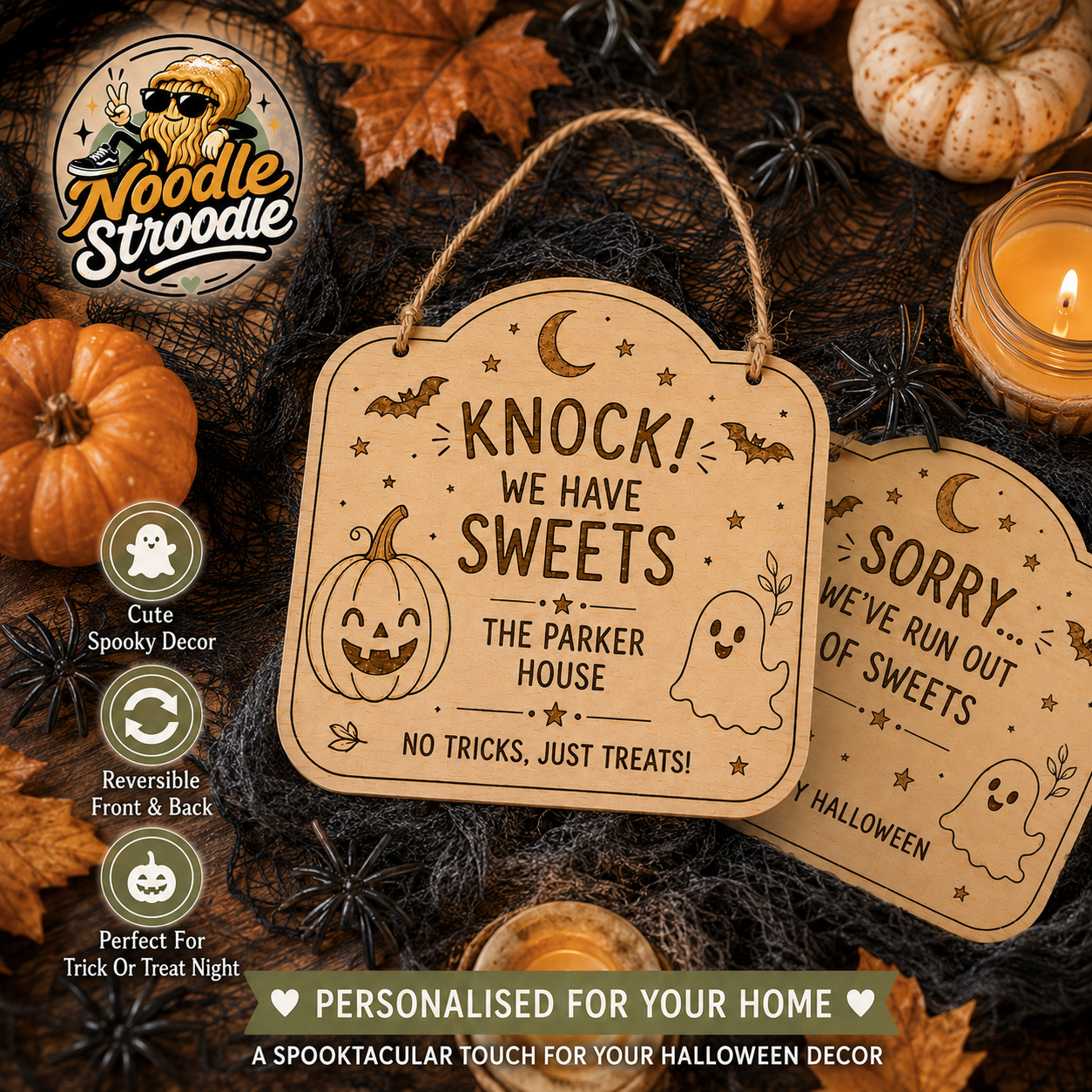 Personalised Reversible Halloween Trick or Treat Sweets Wooden Plaque - Image 4