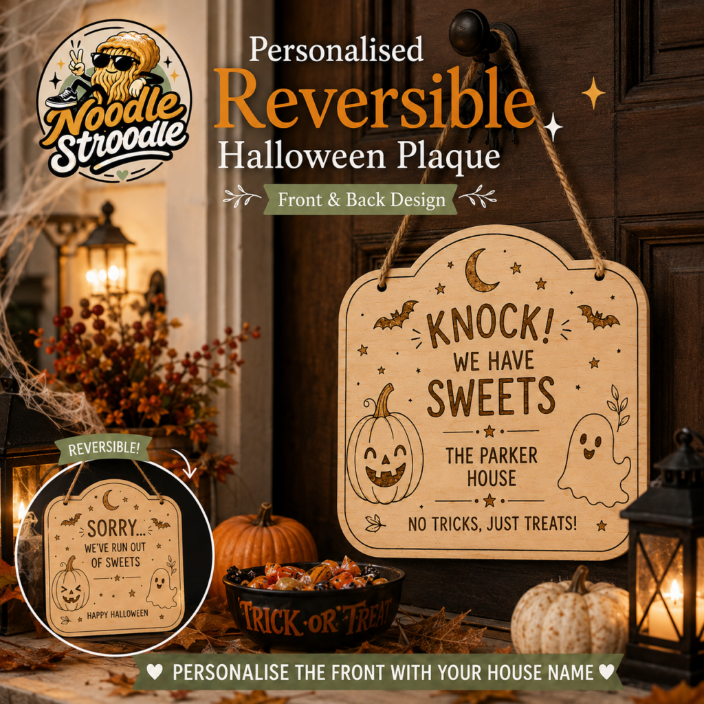 Personalised Reversible Halloween Trick or Treat Sweets Wooden Plaque