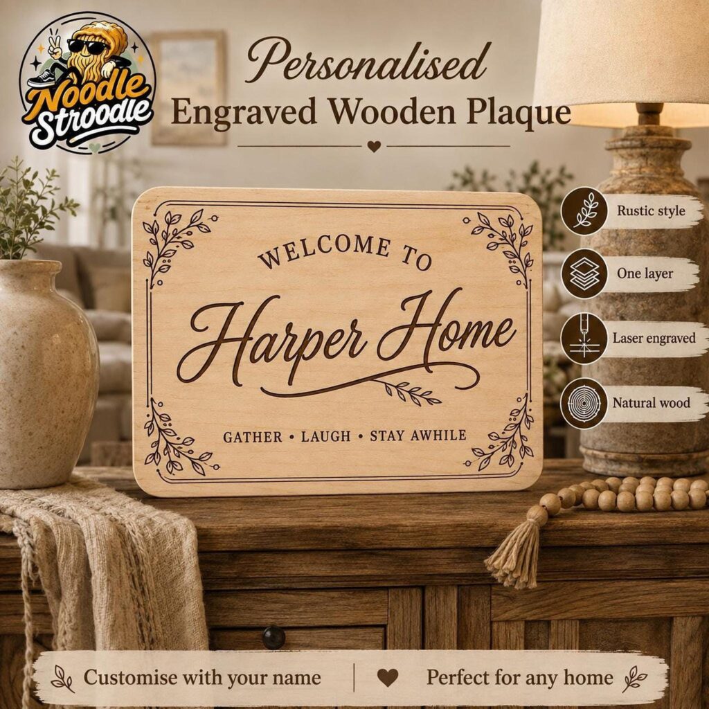 Personalised Wooden House Sign, Engraved Family Name Plaque, Rustic Home Airbnb Holiday Let Gift