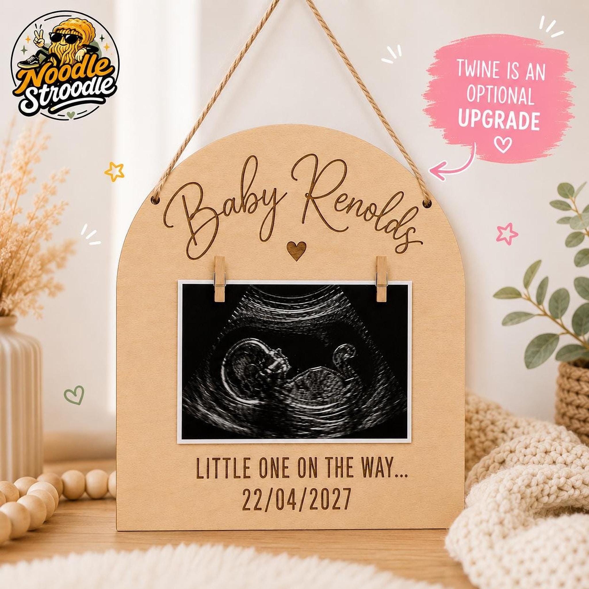 Wooden Baby Sign, Personalised Ultrasound Photo Keepsake in Natural Plywood - Image 4