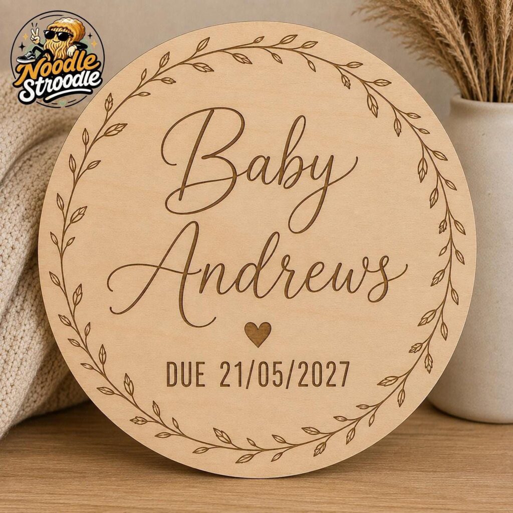 Wood Baby Plaque, Personalised Name And Due Date, 15cm Laser Engraved