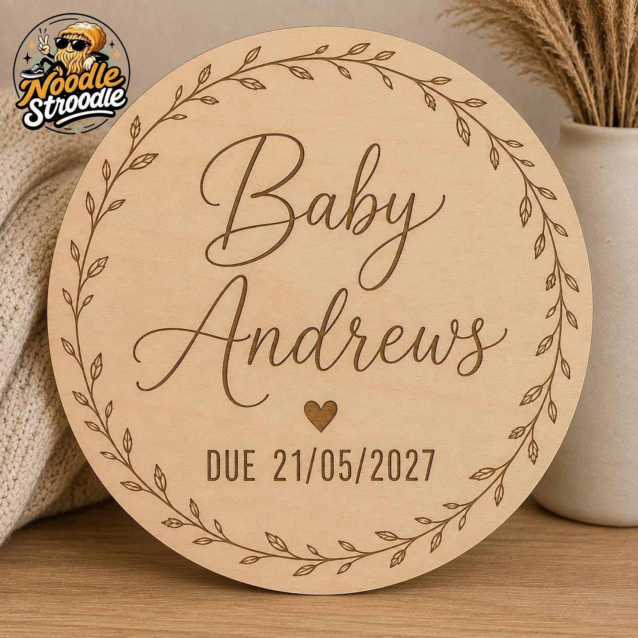 Wood Baby Plaque, Personalised Name And Due Date, 15cm Laser Engraved