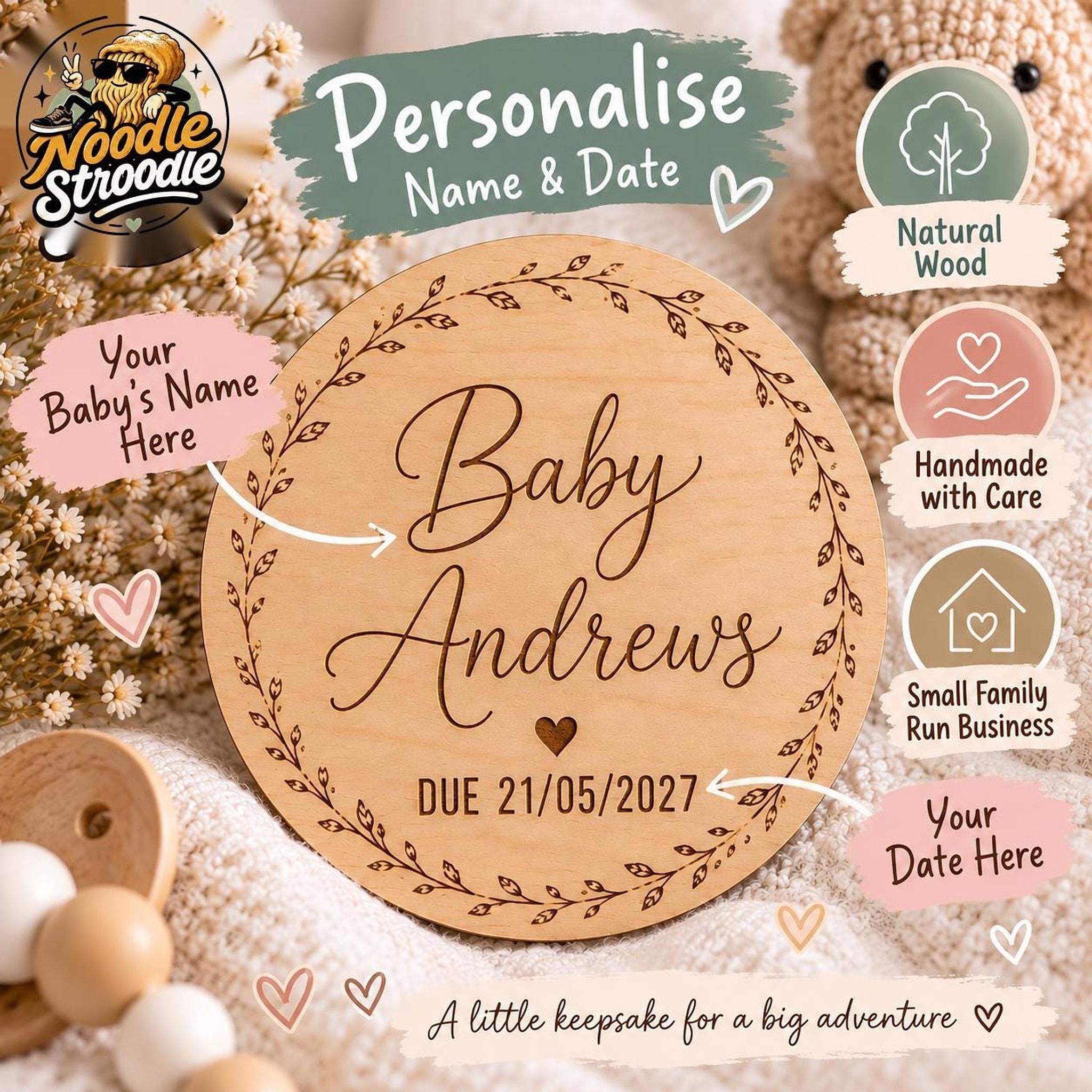 Wood Baby Plaque, Personalised Name And Due Date, 15cm Laser Engraved - Image 4