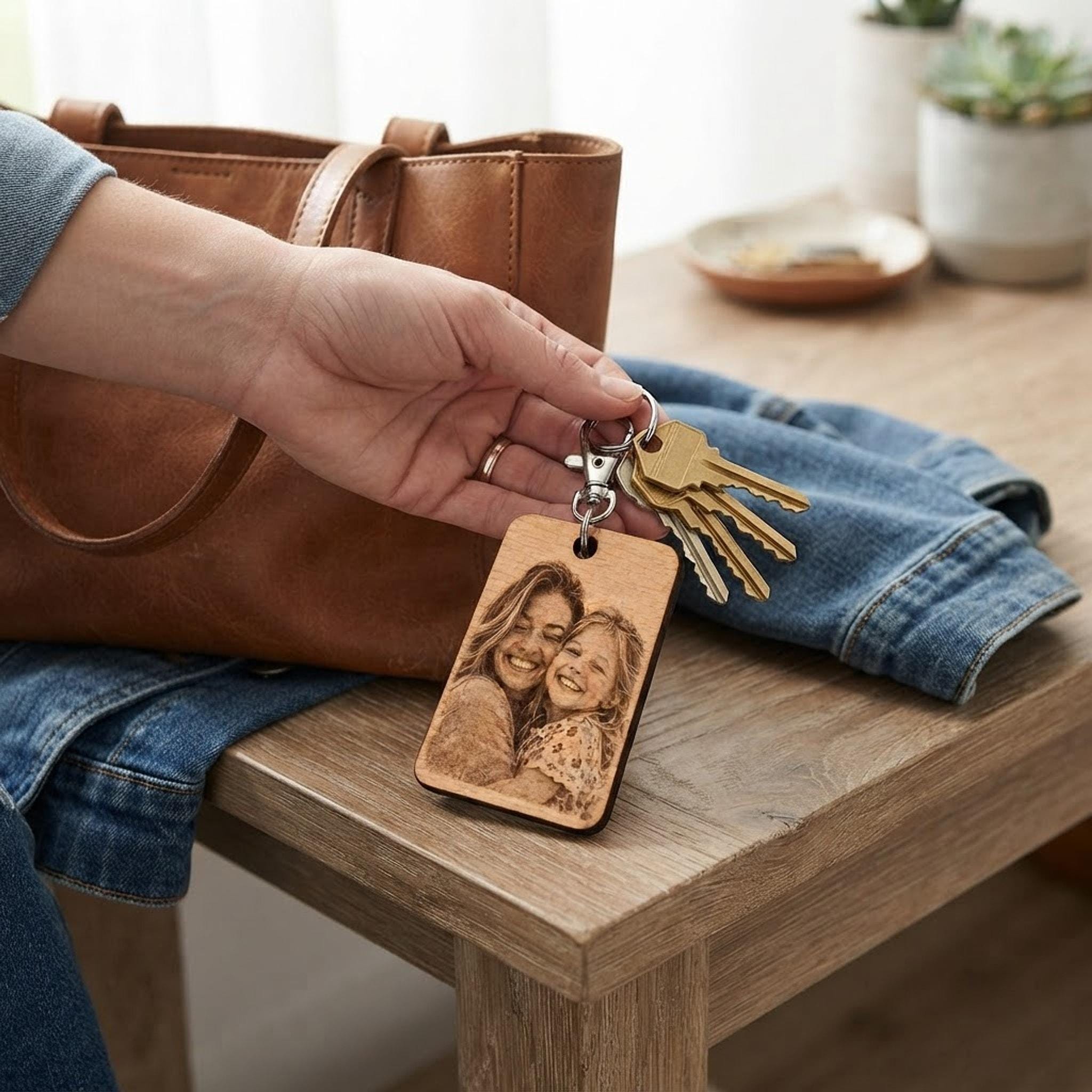 Personalised Wooden Photo Keyring, Custom Family Keepsake Gift (Laser Engraved) - Image 3