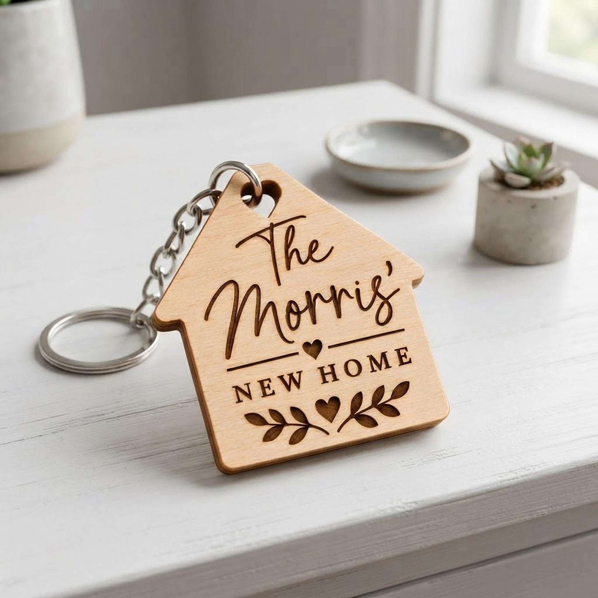 Personalised Wooden House Keyring, New Home Keepsake, Engraved Family Name Gift - Image 4