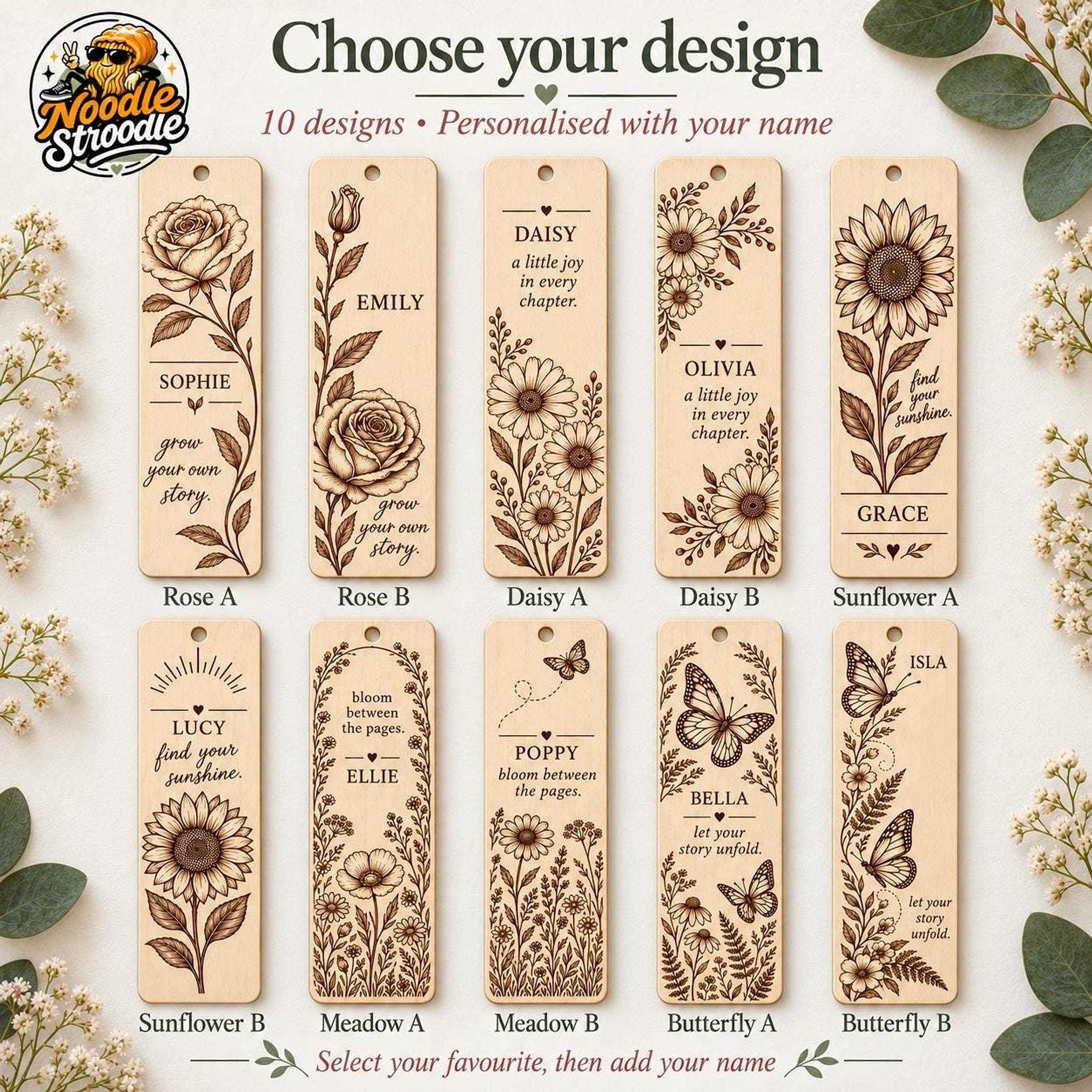 Personalised Wooden Bookmark, Engraved Name, Floral and Butterfly Designs, Gift for Book Lovers - Image 2