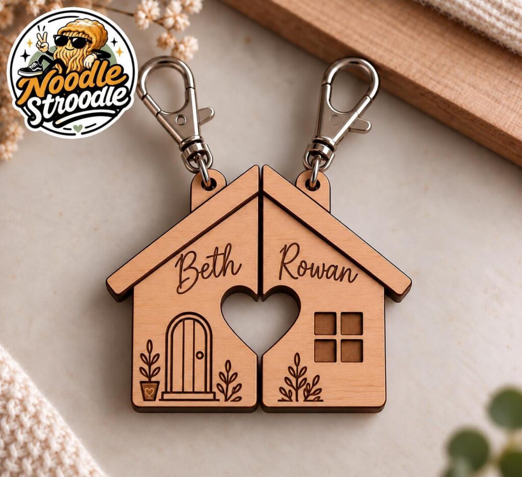 New Home Keyring, Personalised Wooden Set of 2 Matching House Halves