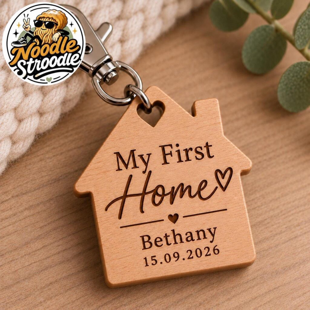 New Home Keyring, Personalised Wood with Name, Date and Engraved House Design
