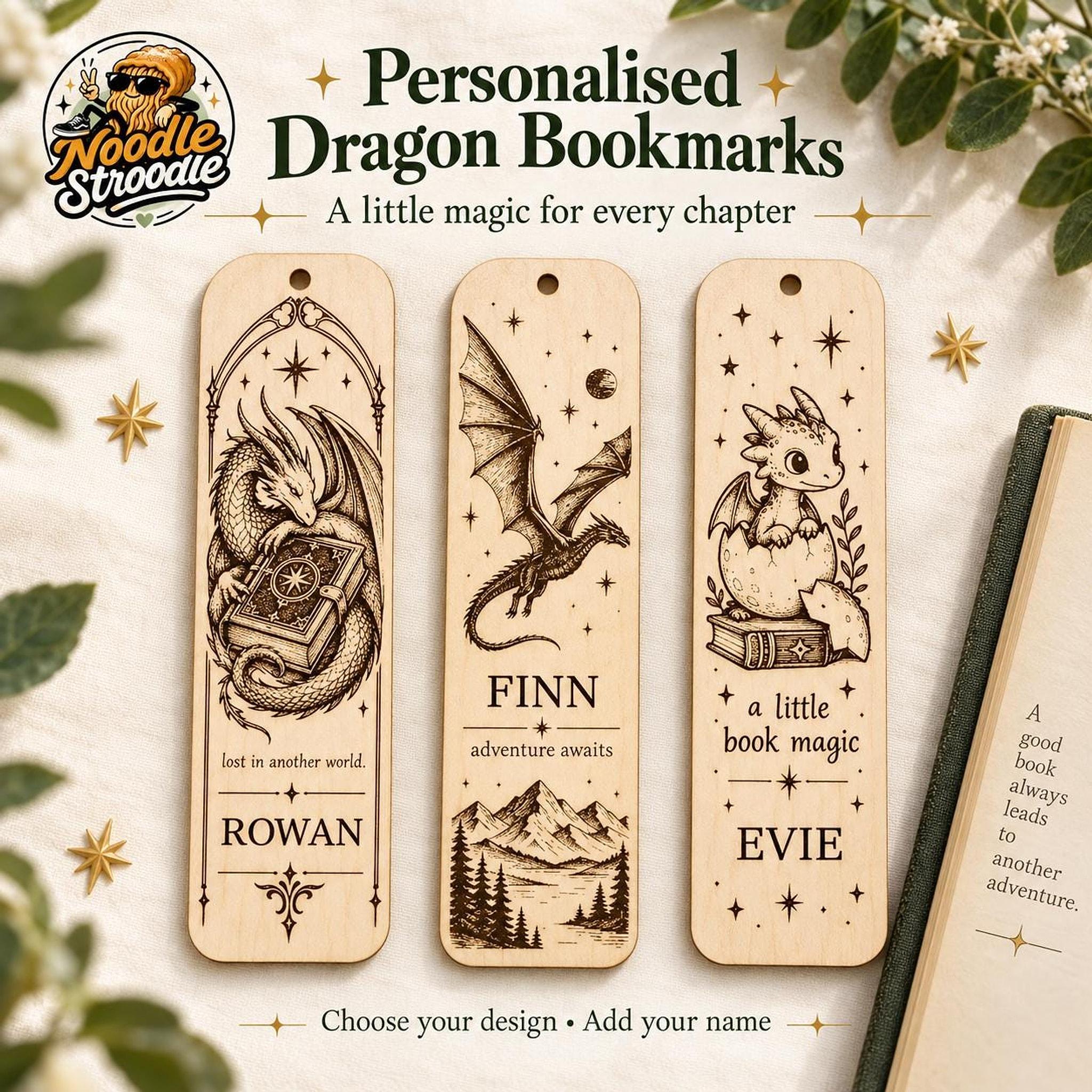 Personalised Wooden Dragon Bookmark, Engraved Name, Fantasy Book Lover Gift, Optional Back Message