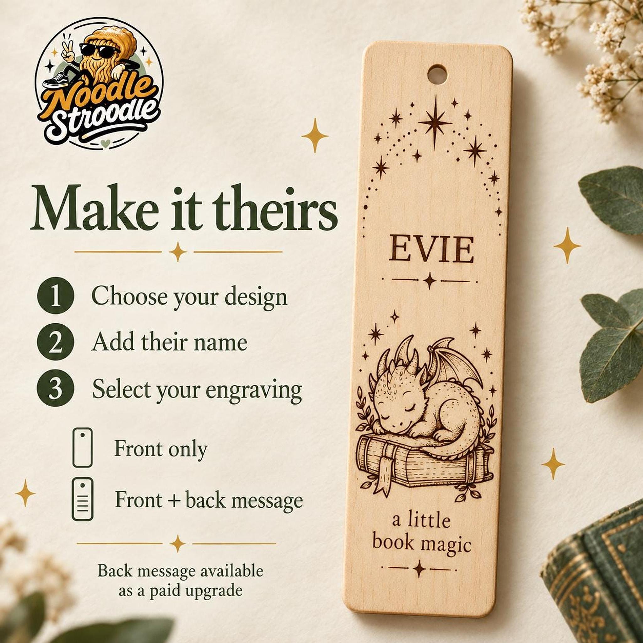 Personalised Wooden Dragon Bookmark, Engraved Name, Fantasy Book Lover Gift, Optional Back Message - Image 3