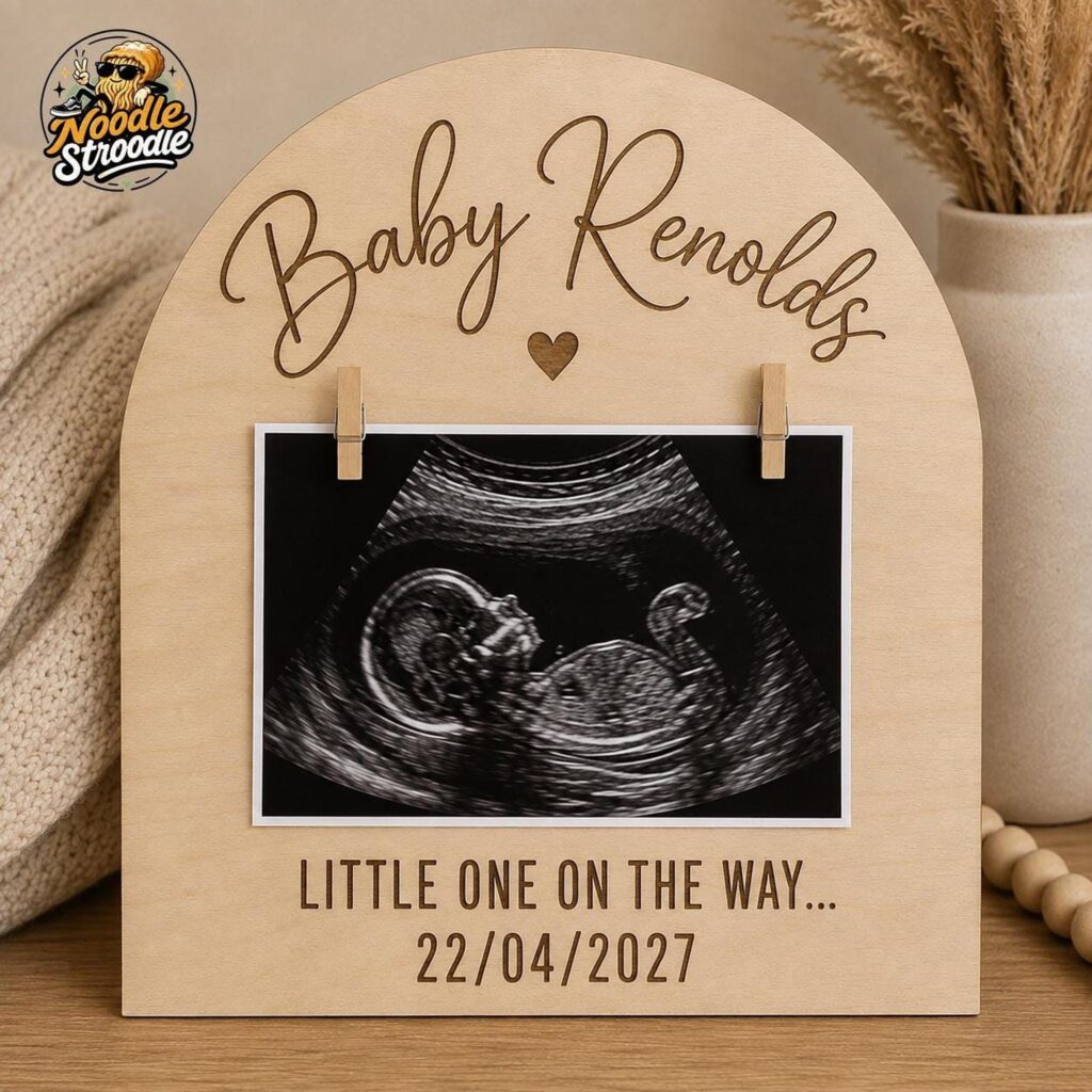 Wooden Baby Sign, Personalised Ultrasound Photo Keepsake in Natural Plywood