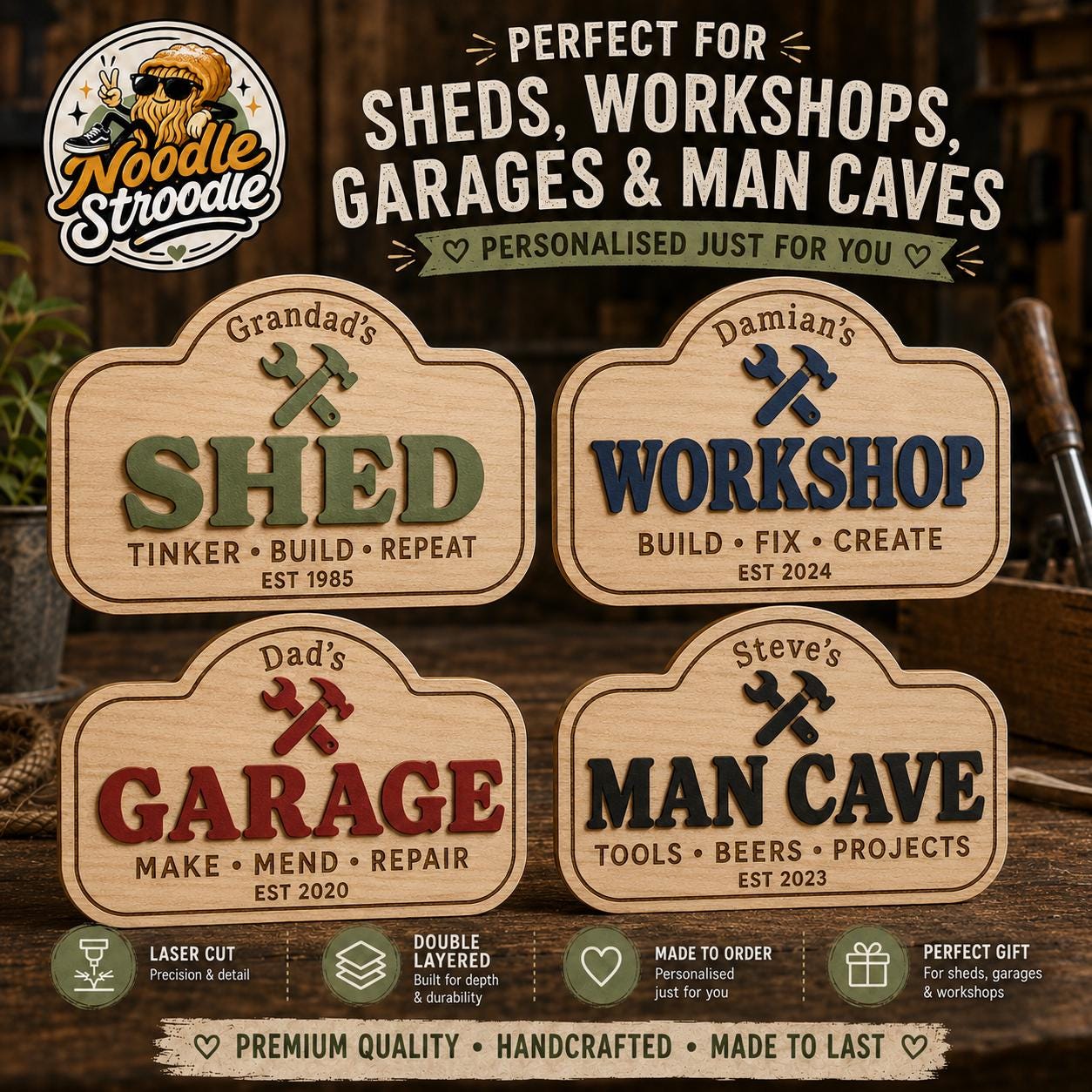 Personalised Wooden Shed Sign, Custom Workshop Garage Plaque, Man Cave Gift for Dad Grandad