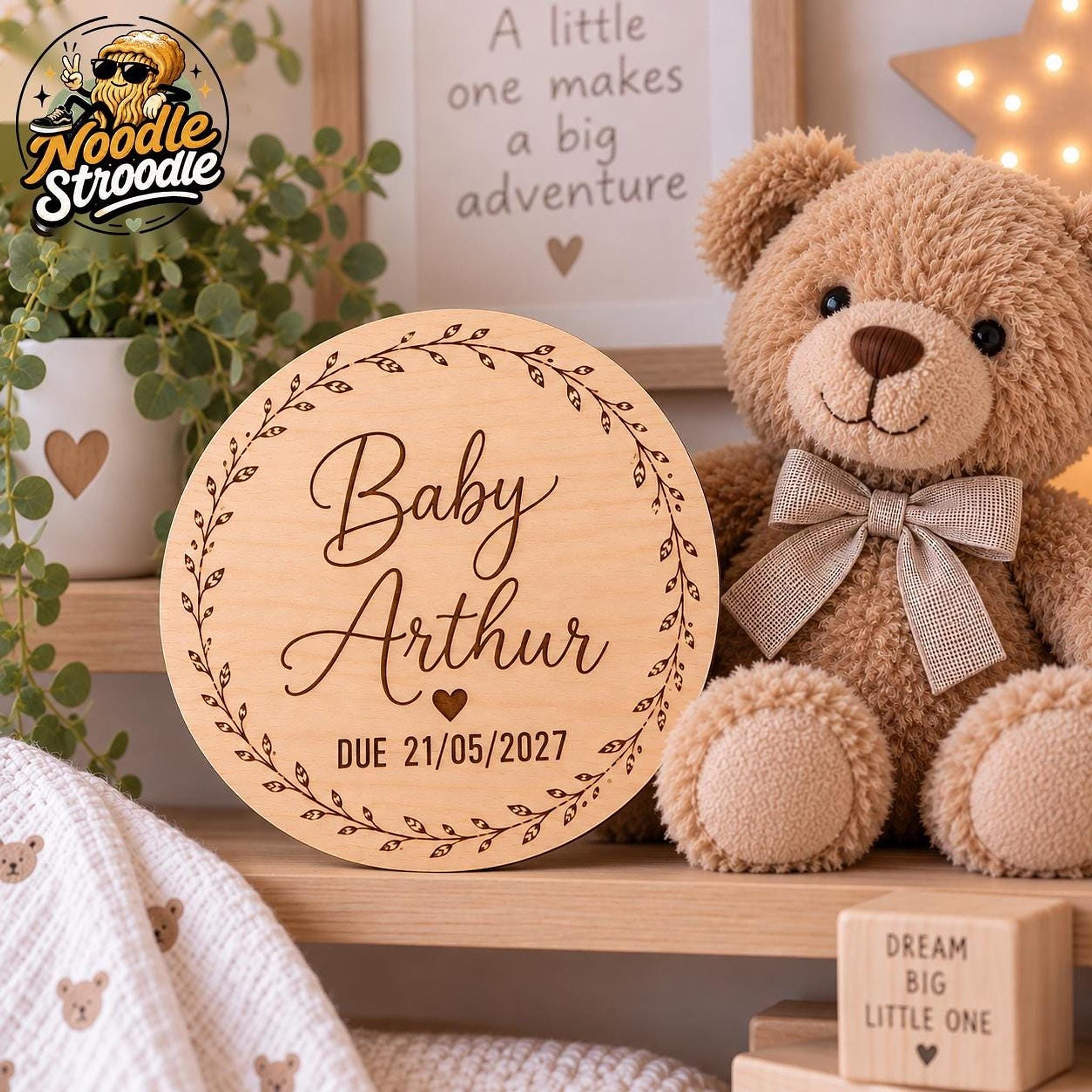 Wood Baby Plaque, Personalised Name And Due Date, 15cm Laser Engraved - Image 2